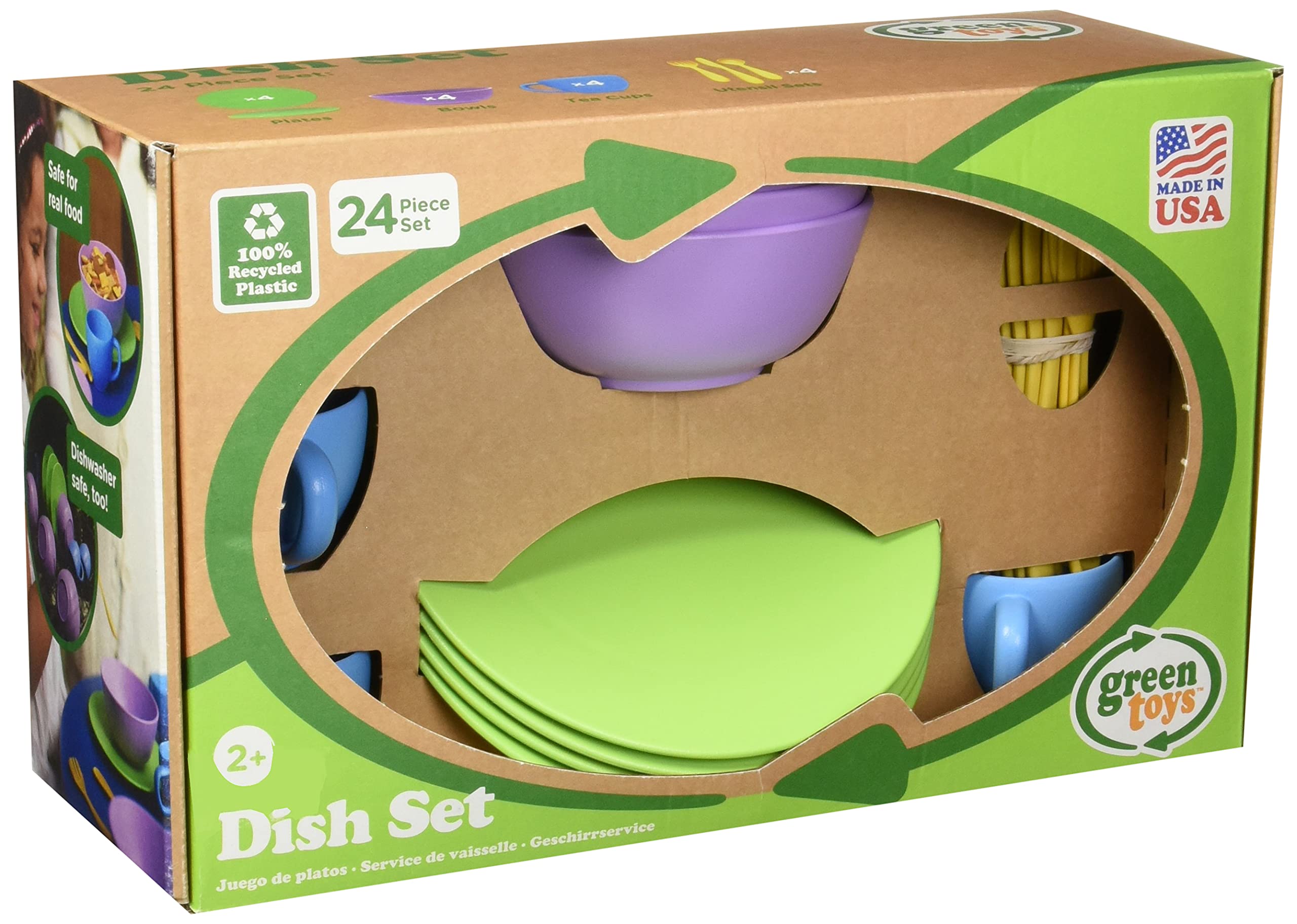 Green Toys Dish Set - 4 Piece Eco-Friendly Kids Play Kitchen Set | BPA-Free Plastic Dishware for Pretend Play, Tea Parties & Learning Fun