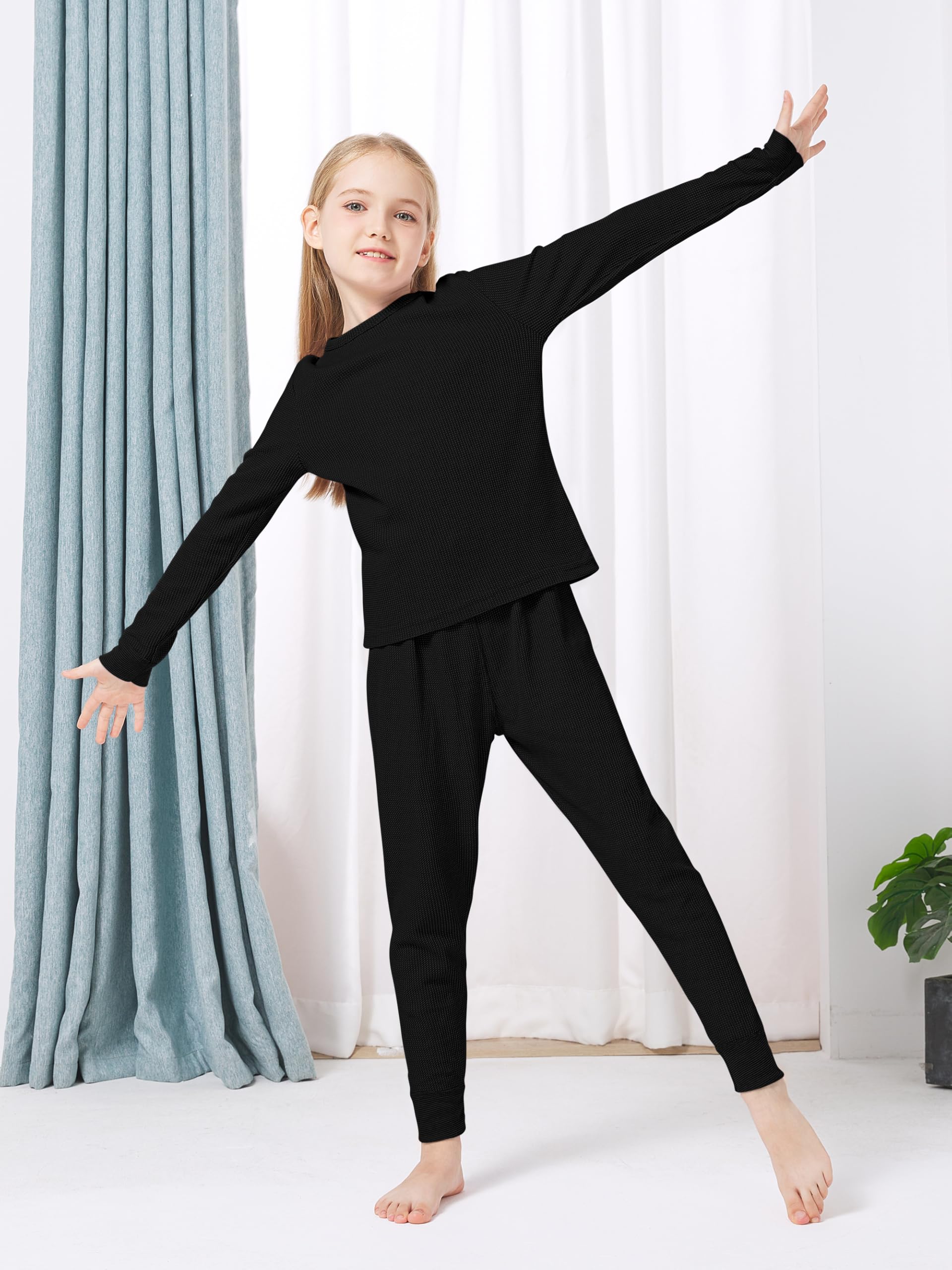 VZV Girls Kids Thermal Underwear Set - Soft Cotton Waffle Long Johns Base Layer for Cold Weather | Warm Winter Pajamas & Outdoor Activities