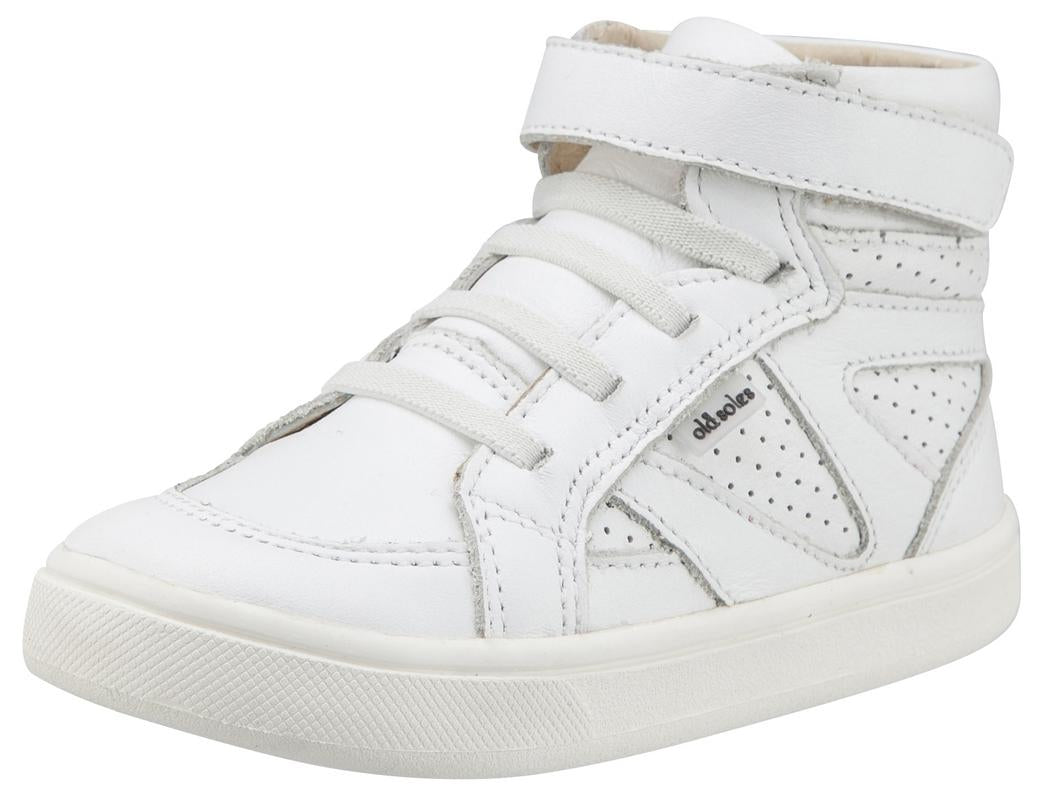 Old Soles 6001 White Perforated Leather High Top Sneakers for Boys & Girls - Elastic Lace & Hook Loop Closure, Zig Zag Design - Perfect for School, Play & Everyday Wear