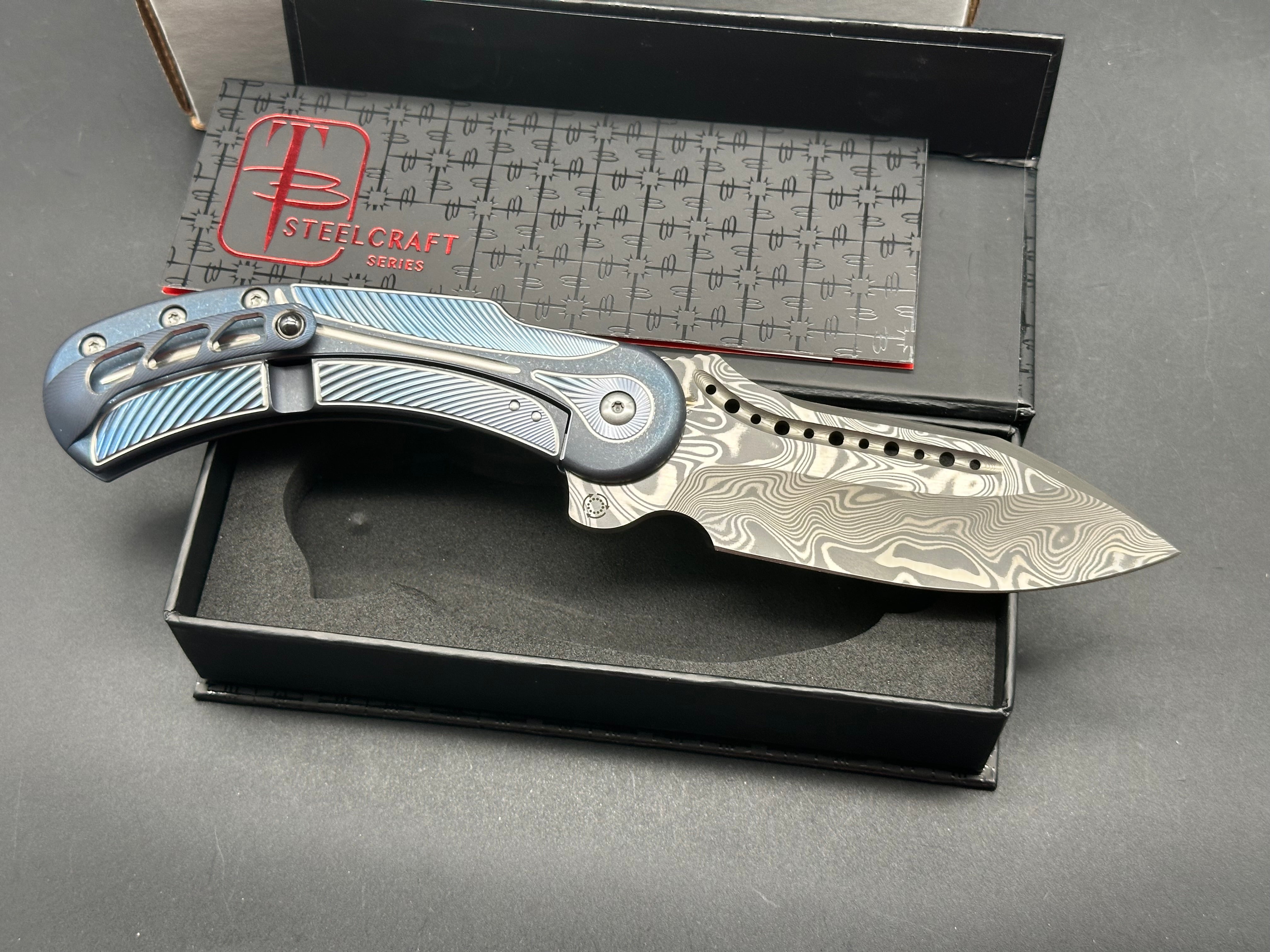 Premium Begg Knives Steelcraft Field Marshall Folding Knife - Blue/Silver Handle with Thor Draupner Damasteel Blade - Ideal for Outdoor Adventures, Camping & Survival Gear