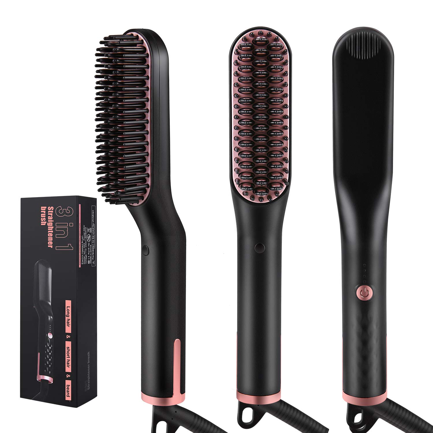 WT-023 3-in-1 Electric Straightening Brush - Fast Heating Hair Styler for Men's Beard & Women's Hair - Works on Long & Short Hair - Perfect for Home, Travel & Salon Use