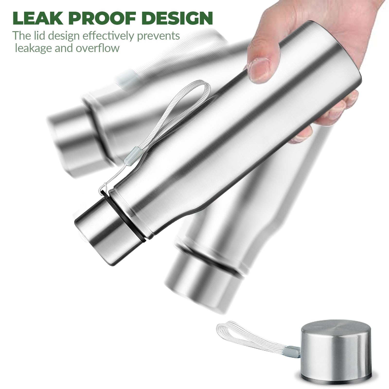 GHKLNY Stainless Steel Water Bottle 17oz/24oz/32oz - Leak Proof Wide Mouth Sports Bottle with Strap - Perfect for Gym, Hiking, Travel & Office Use (24oz/750ml)