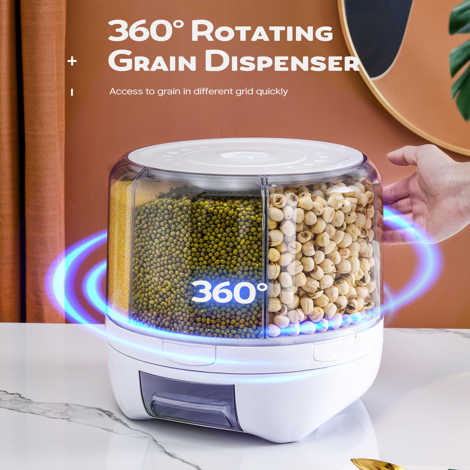360° Rotating Grain Dispenser with 6 Grids & Sealed Lid - Food Storage Container for Rice, Beans, Peanuts, Barley - Perfect for Kitchen Pantry Organization & Bulk Food Dispensing