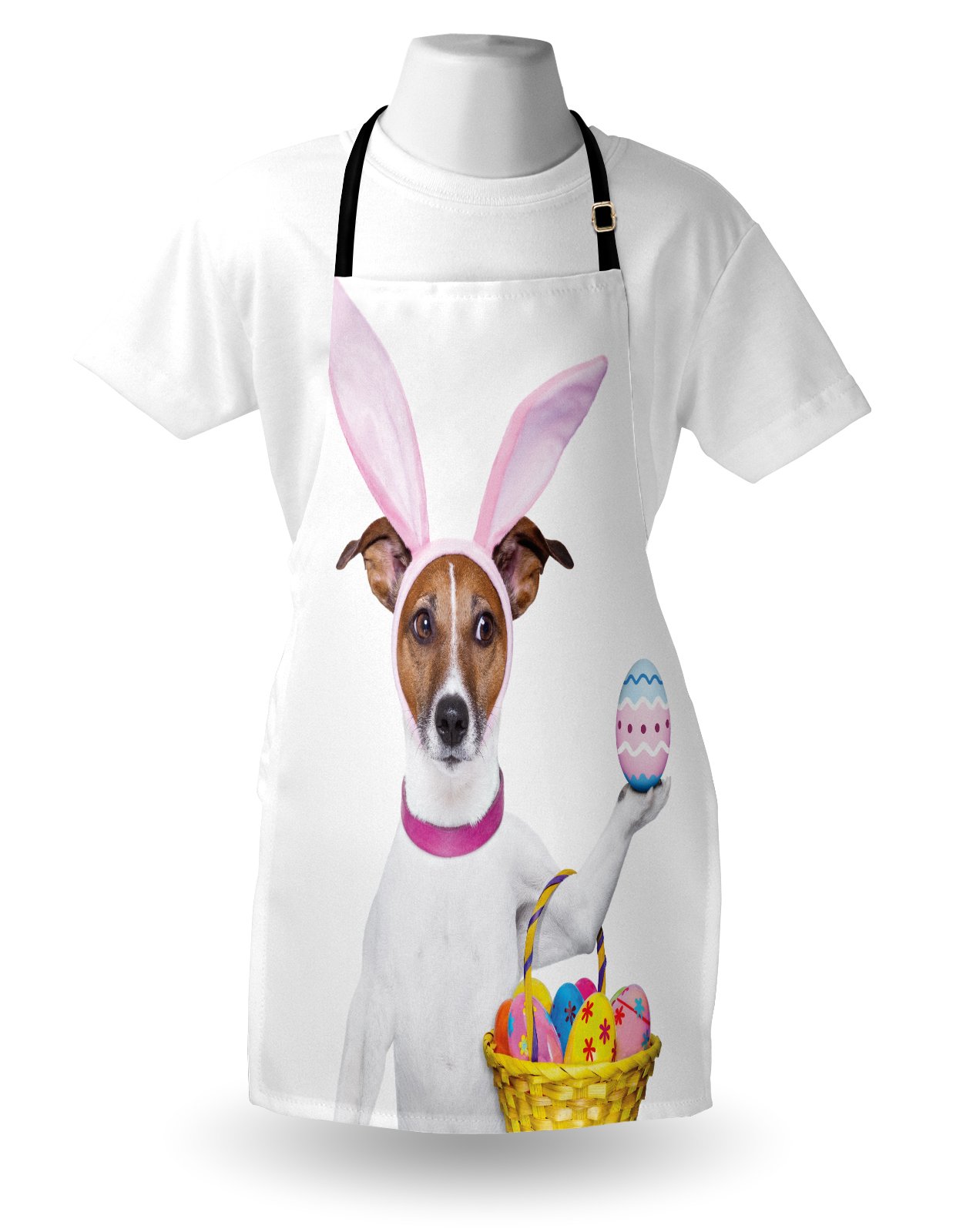 Ambesonne Easter Apron - Funny Dog Dressed as Easter Bunny Holding Egg Basket - Adjustable Unisex Kitchen Bib for Cooking, Baking, Gardening - Perfect for Easter Celebrations, Holiday Cooking & Spring Parties
