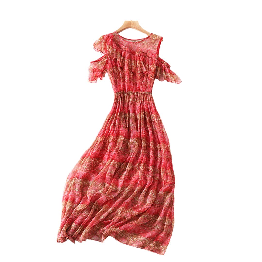Women's 100% Pure Silk Summer Dress - Vintage Elegant Long Sleeve Maxi Dress for Beach, Wedding & Evening Party