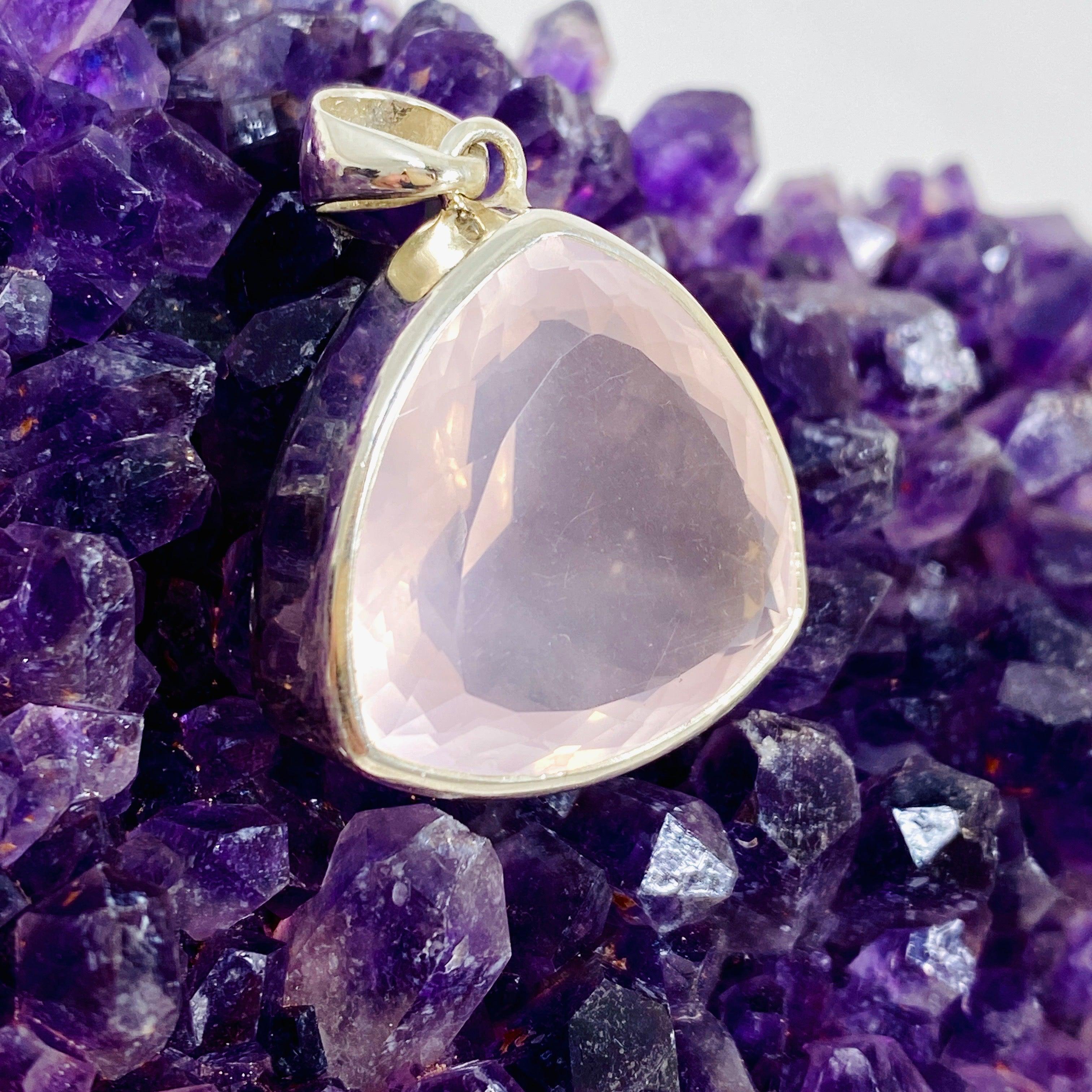Rose Quartz Faceted Triangular Pendant Necklace KPGJ3995 - Elegant Healing Crystal Jewelry for Women, Meditation & Spiritual Gifts
