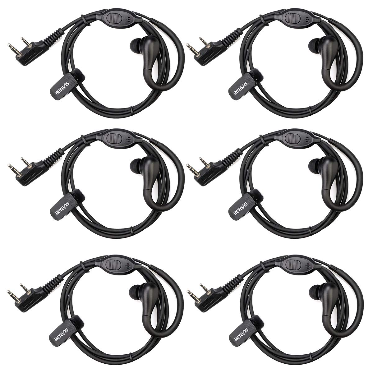Retevis RT22 Walkie Talkie Earpiece with Mic - 2 Pin Compatible with RT22/RT68/RT21/H-777/RT27/RT85/NR10 & BAOFENG UV-5R/Kenwood/SAMCOM/Arcshell Two Way Radios (6 Pack) - Ideal for Security, Construction, and Outdoor Adventures