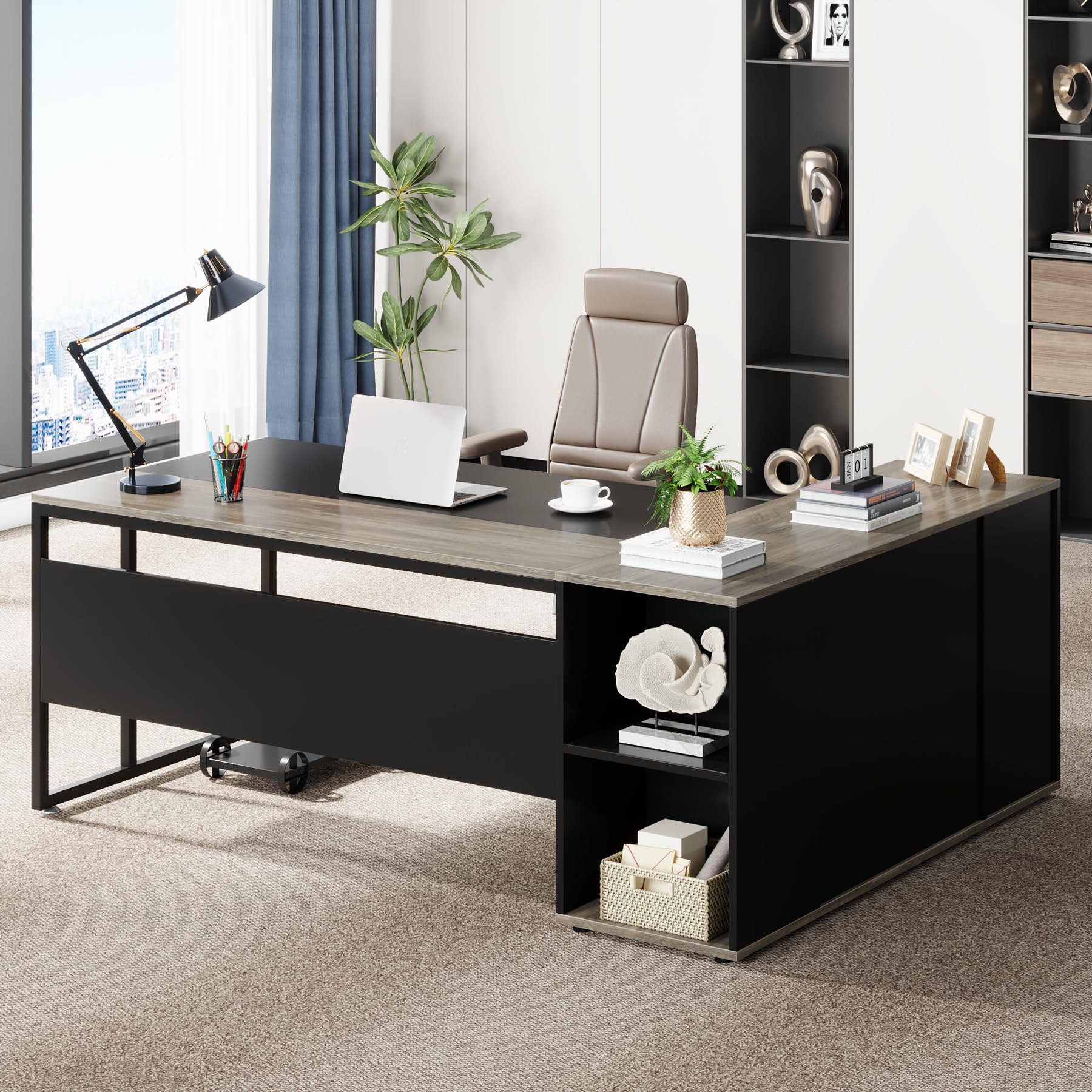 Tribesigns 71 Inch L-Shaped Executive Desk with Cabinet Storage & Shelves - Modern Home Office Workstation for Business & Remote Work (Gray) | Perfect for Small Spaces & Productivity Setup