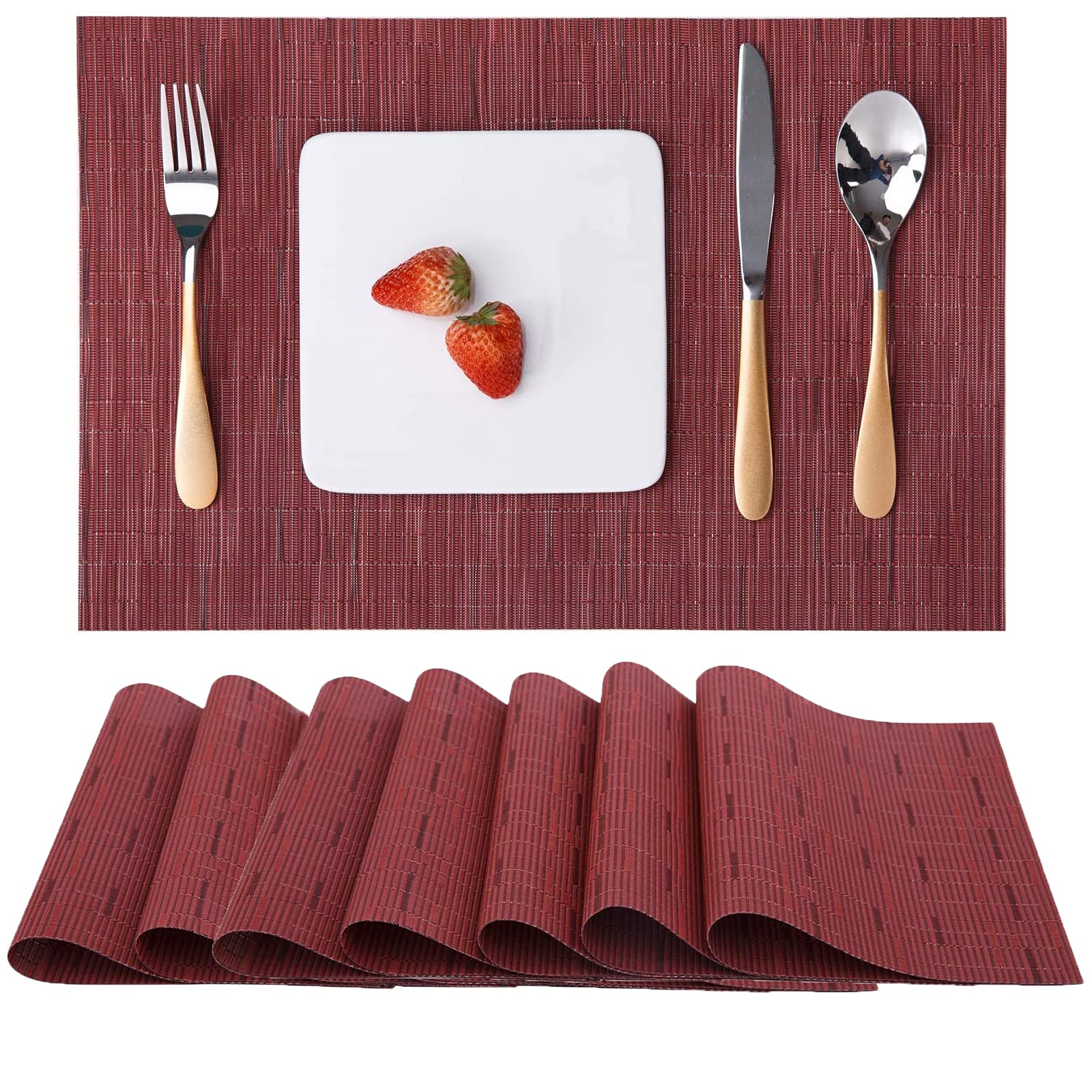 Myir JUN Set of 8 Non-Slip Heatproof Woven Placemats - Washable PVC Table Mats for Dining, Kitchen & Indoor Use (Red) - Perfect for Everyday Meals, Dinner Parties & Home Decor