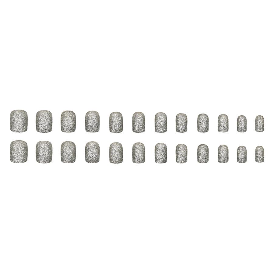 24Pcs Silver Glitter Press on Nails - Short Square Fake Nails with Blasting Designs | Shiny Full Cover Glossy Reusable Acrylic Stick on Nails for Women & Girls | Light Luxury Manicure for Parties, Weddings & Special Occasions