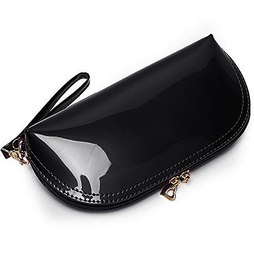 ZLMBAGUS Fashion Cosmetic Bag - Patent Leather Makeup Pouch with Wristlet Strap & Zipper Closure - Travel Organizer for Makeup, Jewelry, Coins & Essentials - Perfect for Daily Use, Travel & Gifts (Black)