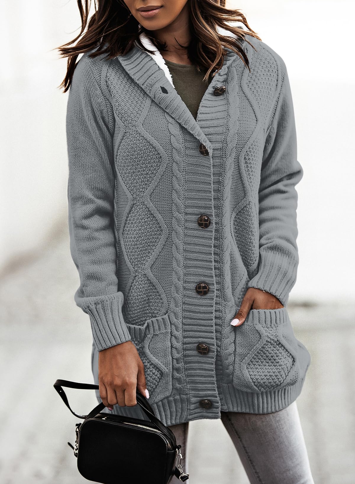 Sidefeel Women's Fleece-Lined Hooded Cardigan Sweater - Winter Button Down Jacket with Pockets | Cozy Layering for Office, Travel & Casual Outfits