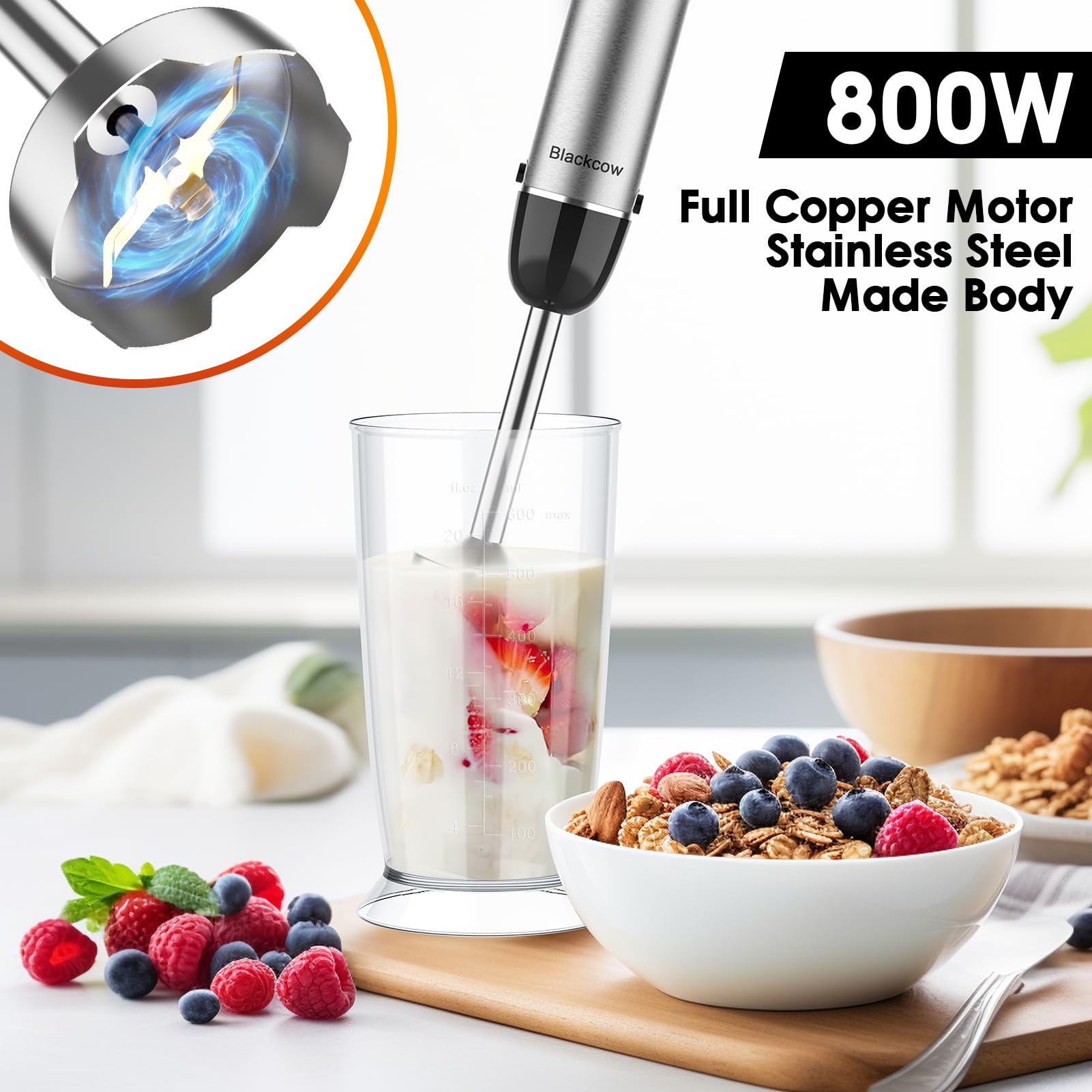 Premium 12-Speed Immersion Hand Blender with Titanium Blades - BPA-Free Kitchen Mixer Includes Chopper Bowl, Whisk & Milk Frother - Perfect for Smoothies, Soups & Baking