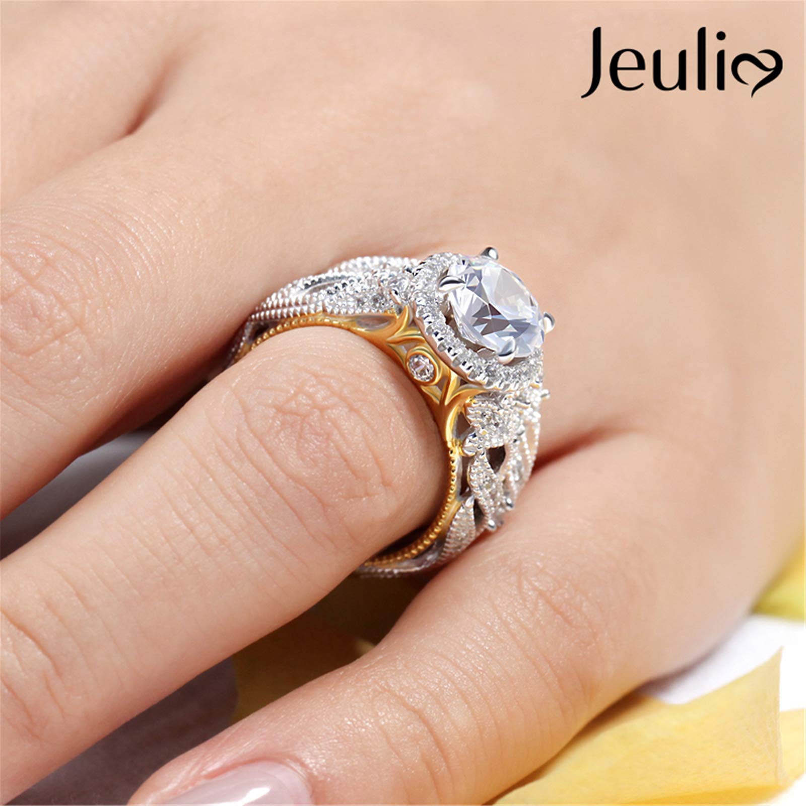 Jeulia 4 Carat Openwork Wedding Ring Set for Women - 925 Sterling Silver & Yellow Gold Halo Engagement Ring with Round Cut White Diamond & CZ Solitaire Band - Perfect for Anniversary, Promise, and Bridal Jewelry Gifts