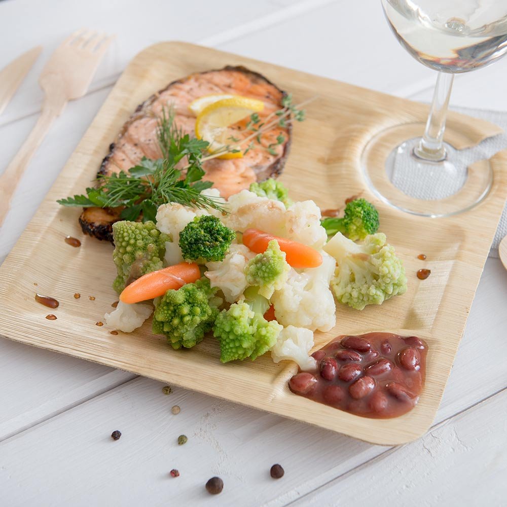 Eco-Friendly 9x9 Inch Bamboo Disposable Cocktail Plates with Built-In Glass Holder - 50-Pack Sustainable Serving Plates for Wedding Banquets, Catering Events & Party Appetizers (Perfect for Cocktail Receptions, Buffet Service & Outdoor Gatherings)
