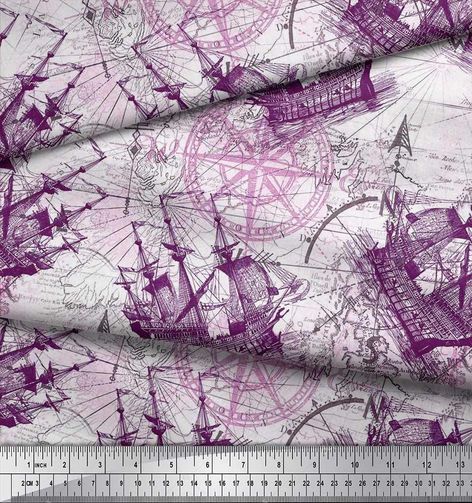 Soimoi 100% Cotton Voile Fabric - Purple Nautical Compass & Ship Print - 42 Inch Wide - Sold by The Yard - Lightweight & Breathable for Dresses, Curtains, and DIY Crafts