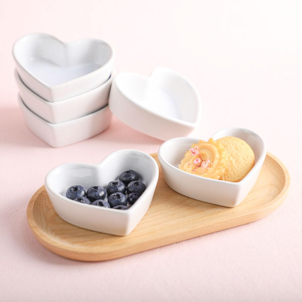 FUYU Colorful Heart Shaped Ceramic Ramekin Bowls - 4oz Mini Souffle Dishes, Pudding Cups & Snack Bowls for Desserts, Dips, Candles & Party Serving - Oven & Microwave Safe Kitchenware