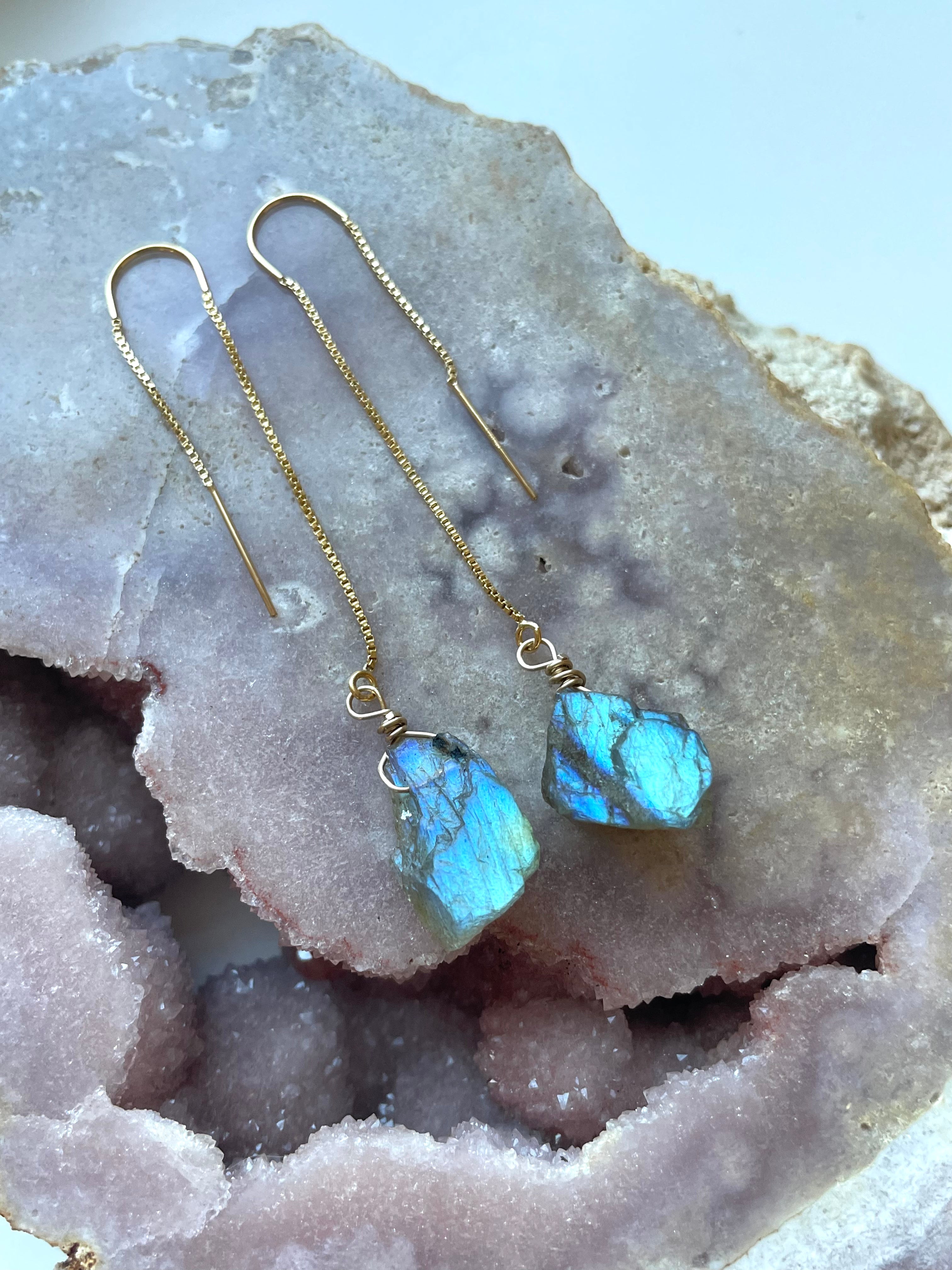 Labradorite Threader Earrings - Sterling Silver or 14K Gold Filled Dangle Earrings for Women | Healing Crystal Jewelry for Everyday Wear & Special Occasions