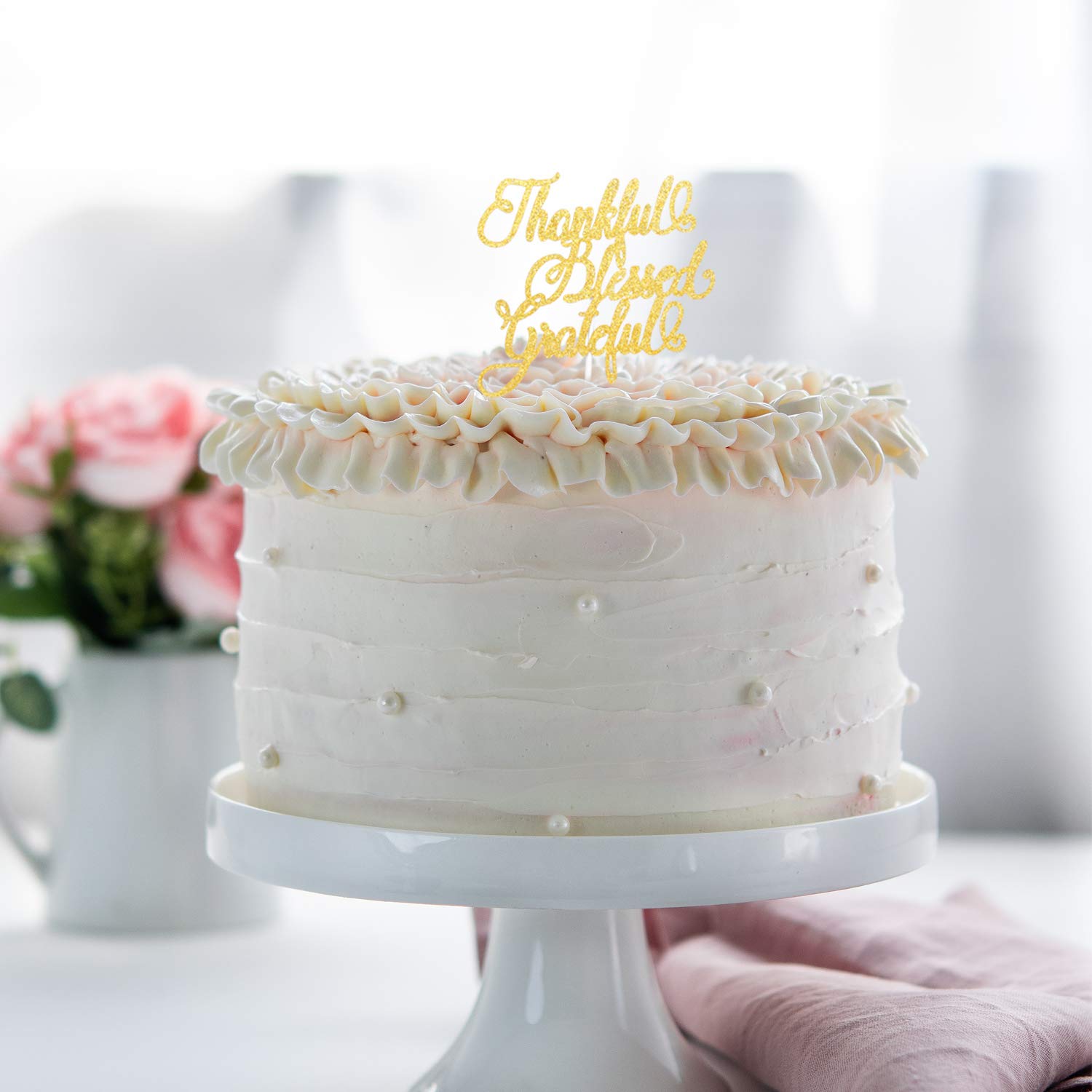 Gold Glitter Gracias Cake Topper - Thankful Blessed Grateful Thanksgiving Cake Decoration for Autumn Festival & Fall Parties - Perfect for Thanksgiving Desserts, Harvest Celebrations, and Seasonal Baking Decor