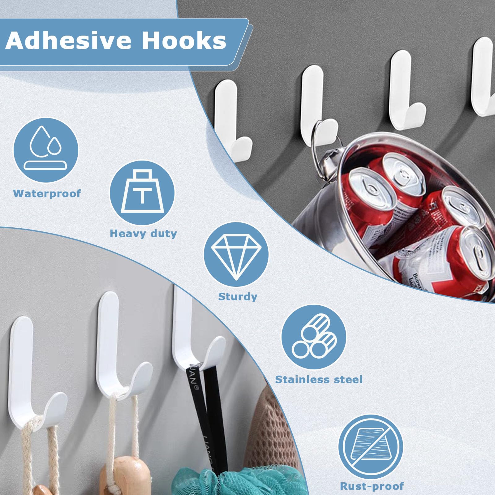 QMAHA Stainless Steel Adhesive Hooks - 12 Pack Self-Adhesive Wall Hooks for Bathroom, Kitchen, Towel Hanging, Strong Hold, White | Perfect for Organizing Home, Office & Dorm Rooms