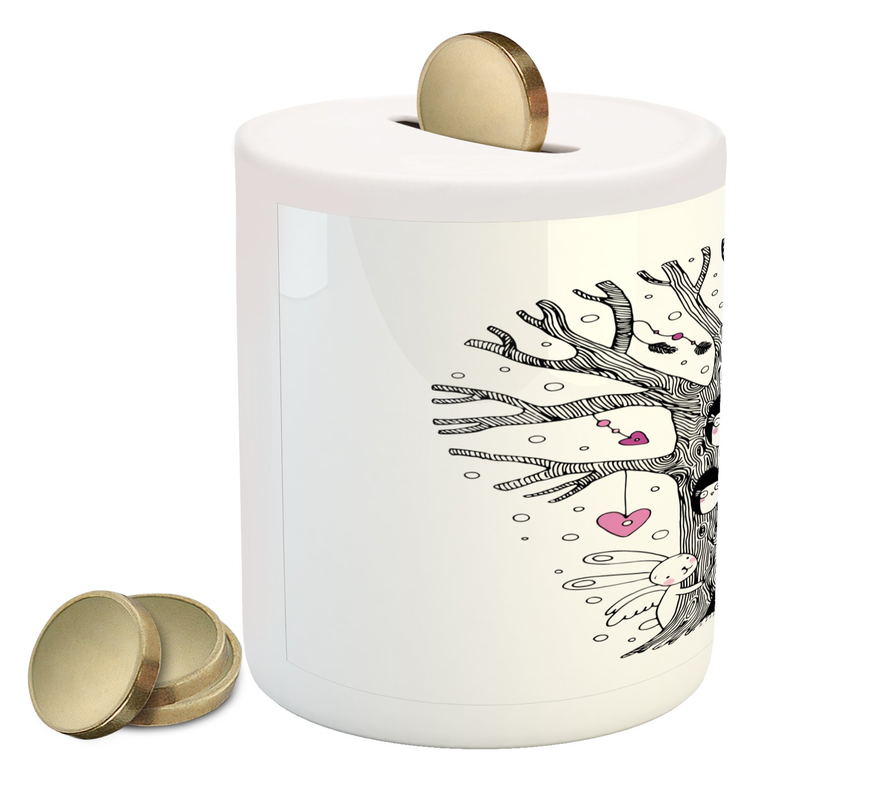 Ambesonne Ceramic Piggy Bank - Monochrome Tree with Bunny & Fox Doodle Design, 3.6