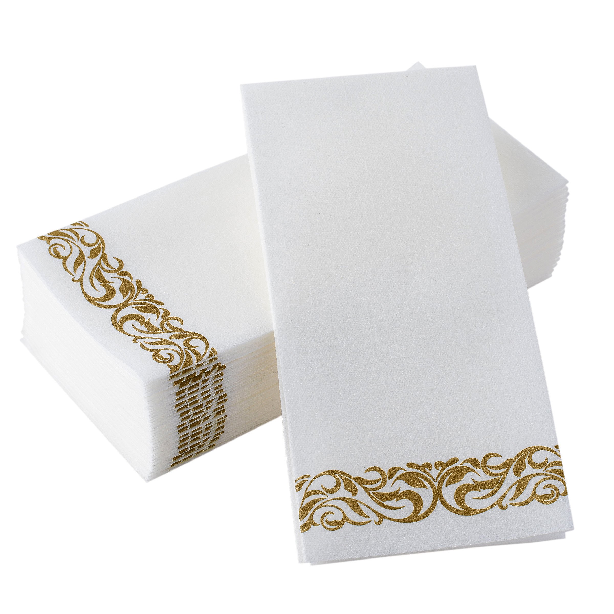 50-Pack Premium Disposable Linen-Feel Guest Towels - Decorative White Bathroom Hand Towels with Gold Floral Pattern | Perfect for Parties, Weddings & Upscale Restrooms