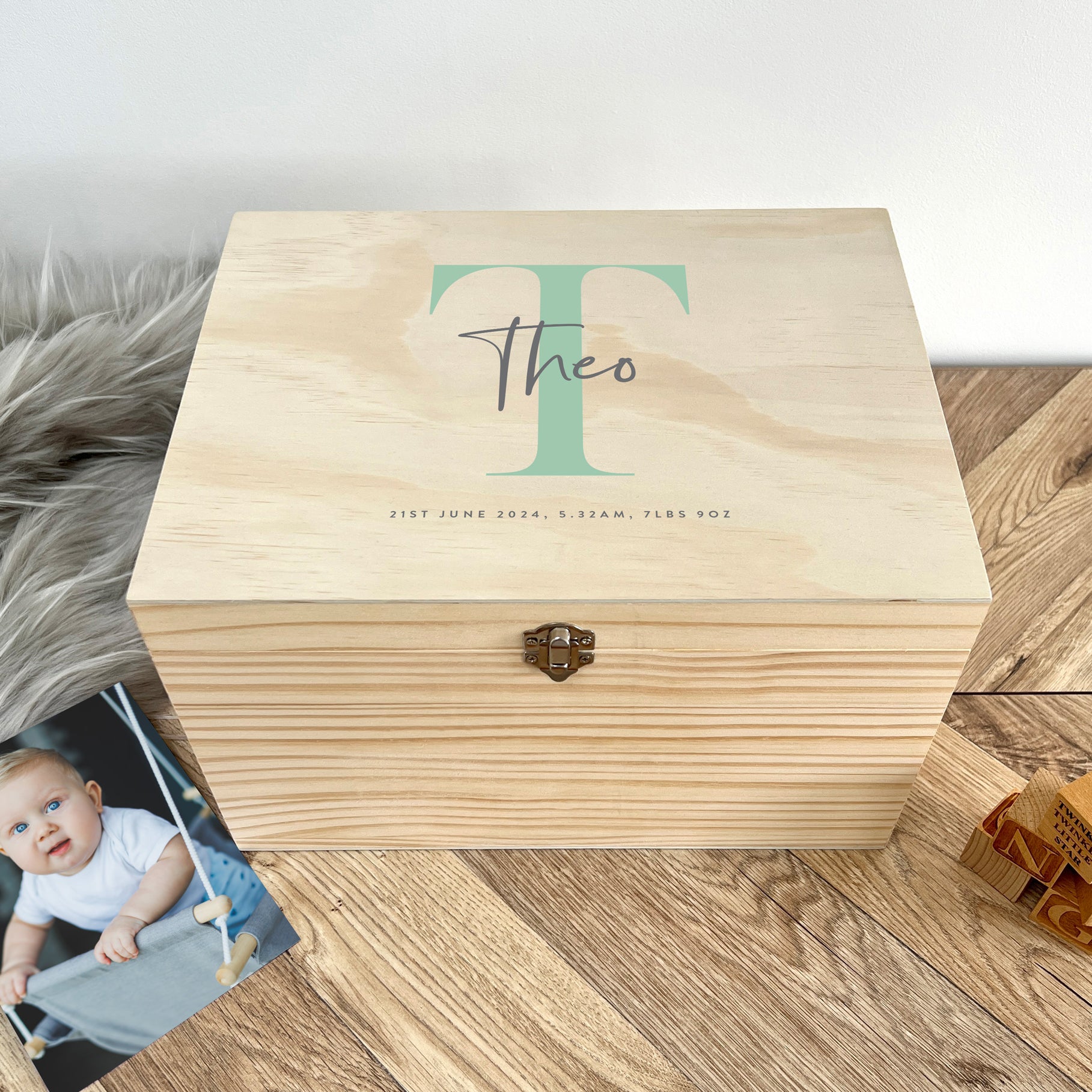 Personalized Baby Keepsake Box with Name & Initial - 5 Sizes (16cm, 20cm, 26cm, 30cm, 36cm) - Custom Newborn Gift, Nursery Decor, Memory Box for First Photos & Milestones