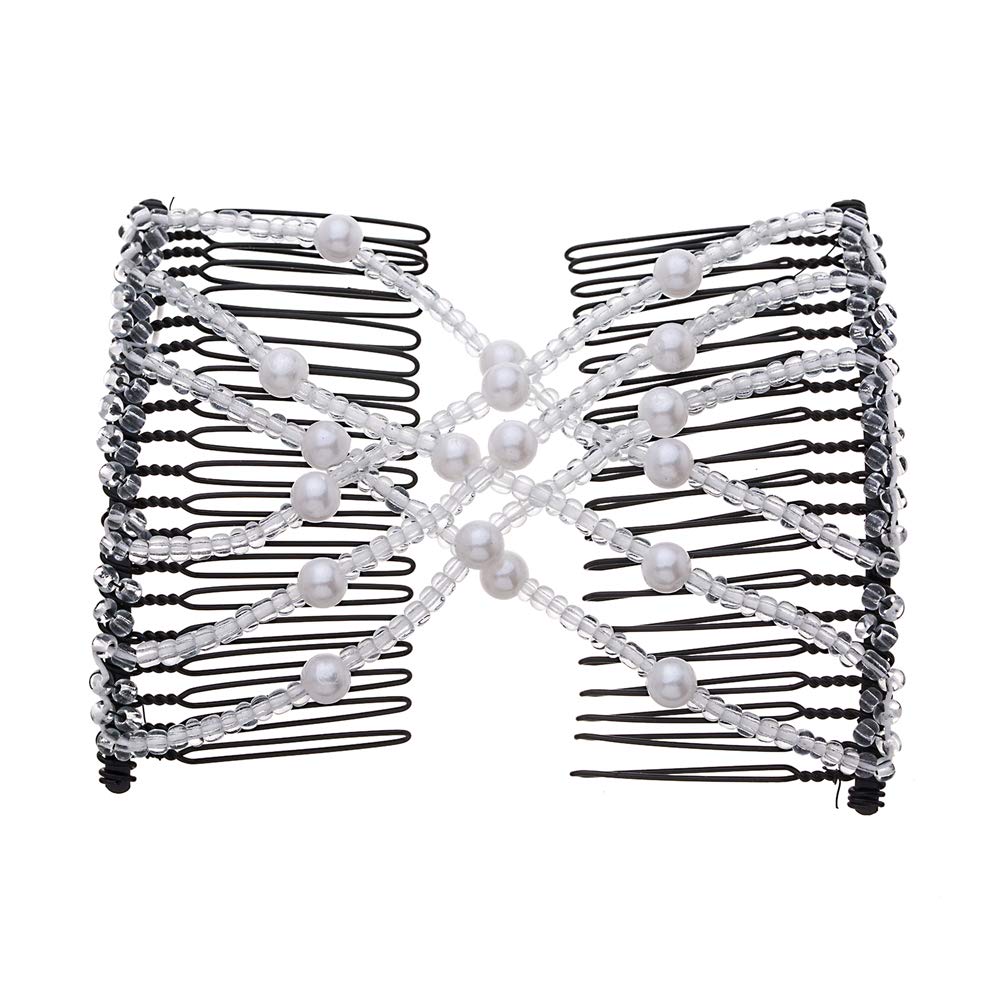 Ruihfas Easy Stretch Beaded Hair Comb - Double Stretching Combs for Women & Girls - Hair Bun Maker Styling Accessories (White) | Perfect for Updos, Ponytails & Everyday Hairstyles