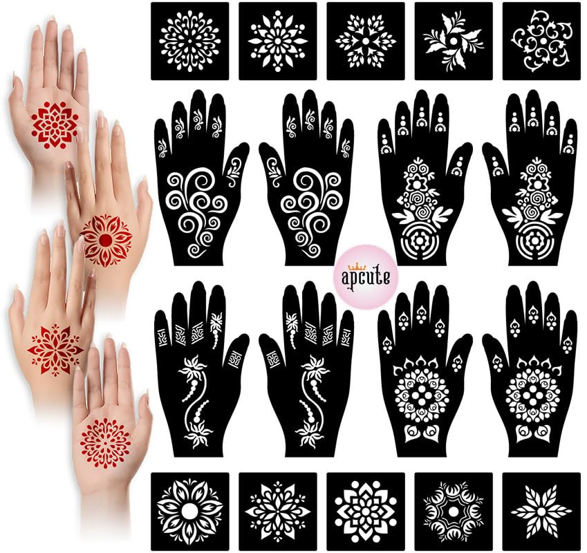 APCUTE Temporary Henna Tattoo Stickers Set - 18 Piece Mehndi Design Stencils for Women, Girls & Kids | Easy 4-Step Application | Perfect for Festivals, Weddings & Parties
