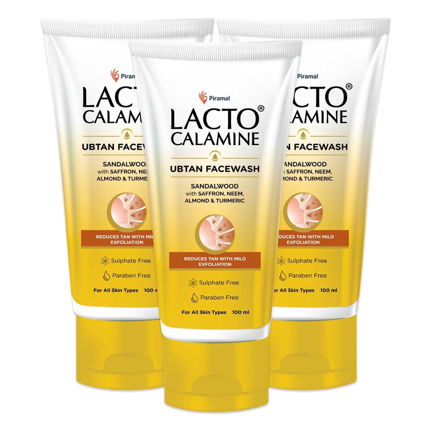 Lacto Calamine Ubtan Face Wash for Glowing Skin - Natural Exfoliating Face Wash with Sandalwood, Saffron, Neem, Almond & Turmeric - Reduces Tan & Brightens Complexion - Sulfate & Paraben Free - 100ml (Pack of 3) - Perfect for Daily Skincare Routine & Tan Removal