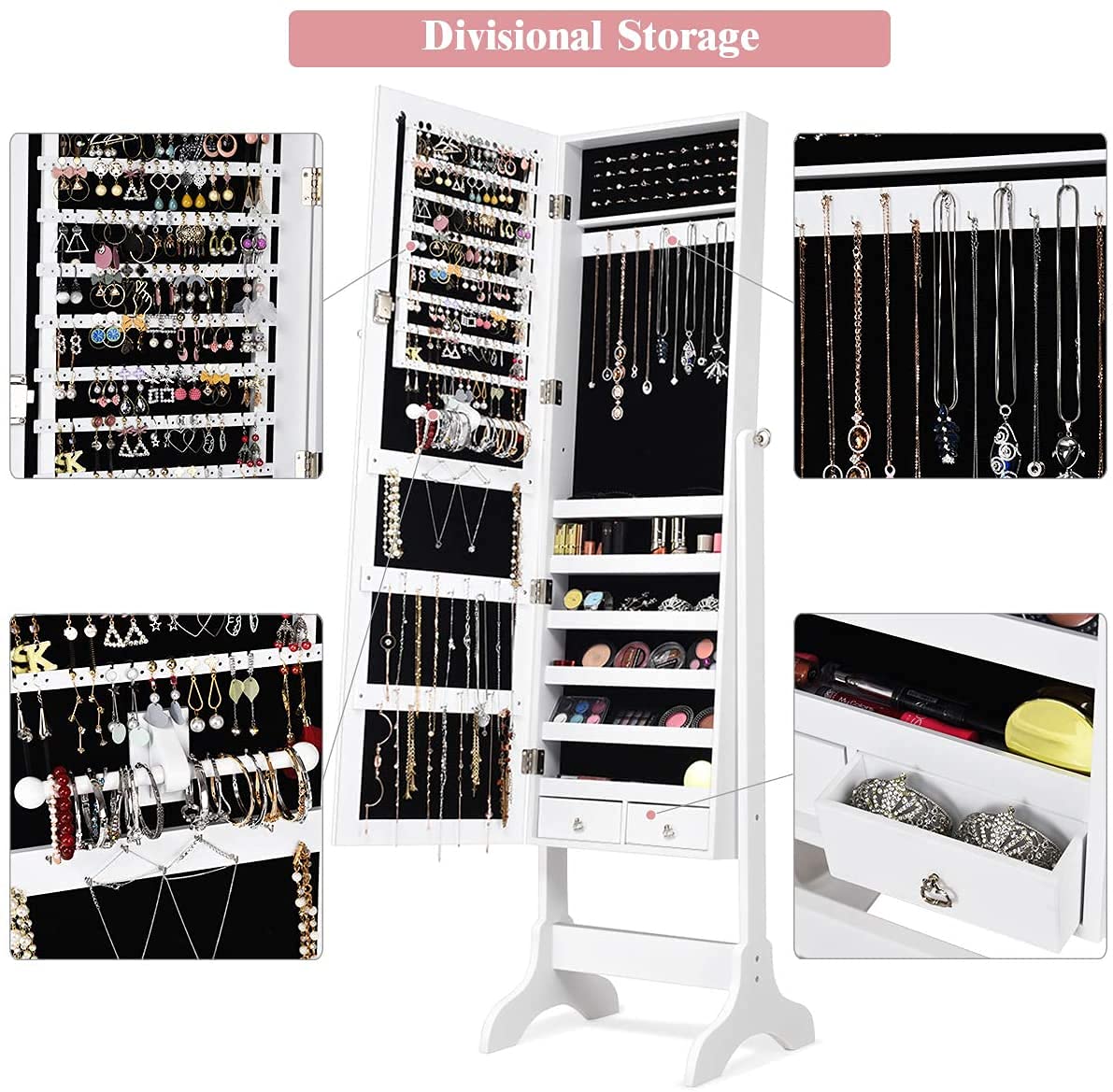 Lockable Mirrored Standing Jewelry Armoire Organizer - Large Jewelry Storage Cabinet with Full-Length Mirror, 4 Adjustable Hooks & 2 Drawers, 2-in-1 Jewelry Box Organizer (White) - Perfect for Bedroom, Closet, or Dressing Room Organization
