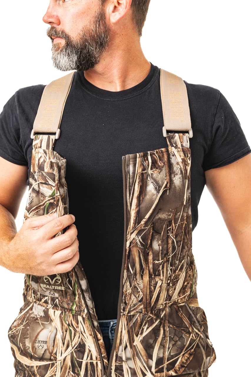 Realtree Men's Edge Timber Camo Hunting Bibs - Insulated Windproof Waterproof Coveralls for Cold Weather - Ideal for Deer Hunting, Ice Fishing & Outdoor Winter Activities