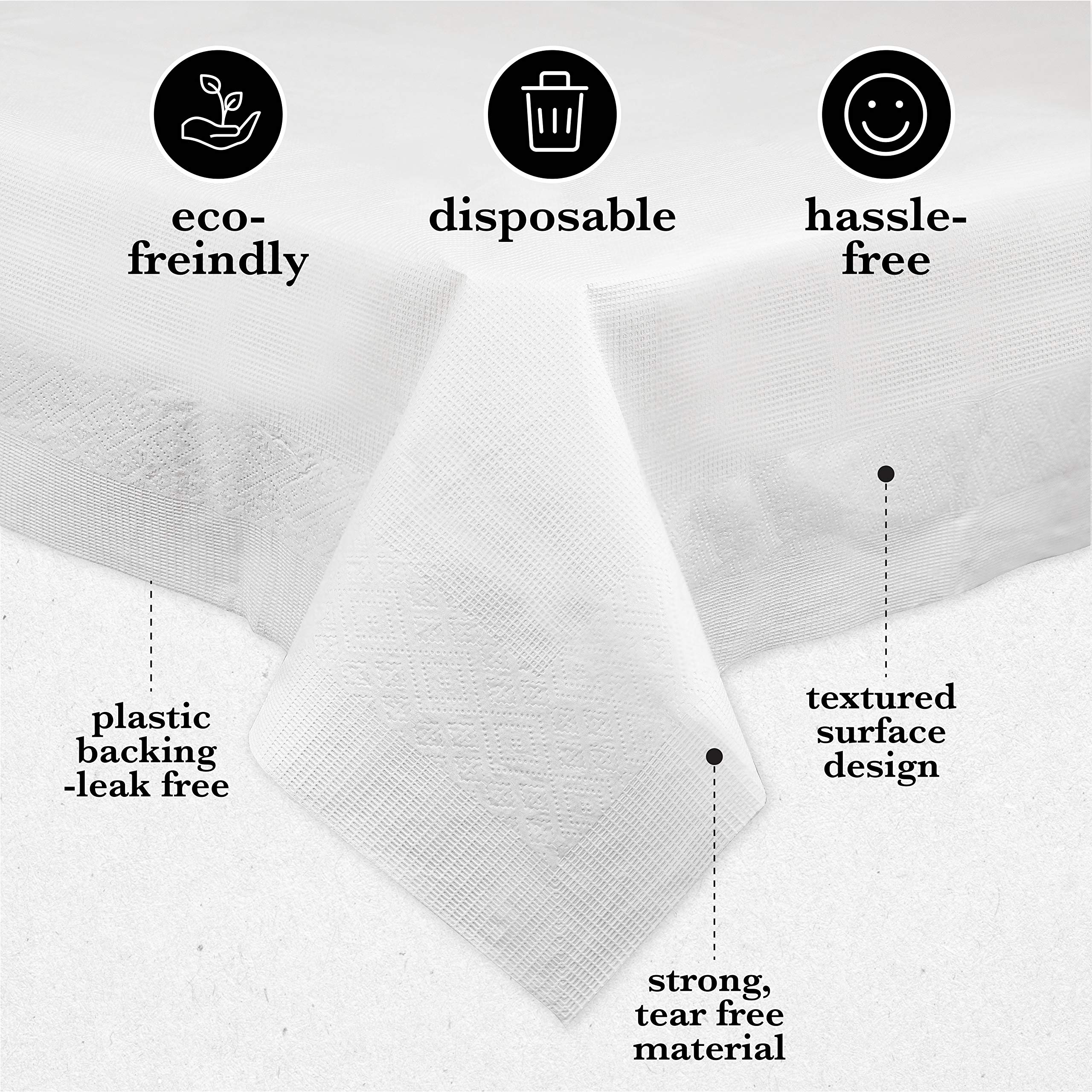 PLASTICPRO Disposable 3-Ply Tablecloth - Waterproof & Absorbent White Plastic Table Cover for 6-8 Foot Rectangle Tables (54