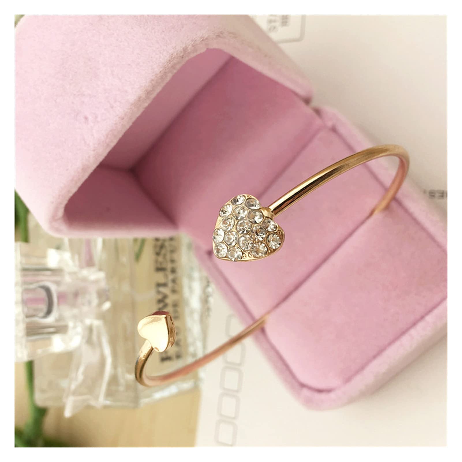 Fashion Adjustable Crystal Double Heart Bow Cuff Bracelet for Women - Gold Jewelry for Reiki Healing & Everyday Elegance | Perfect for Gifts, Parties & Special Occasions