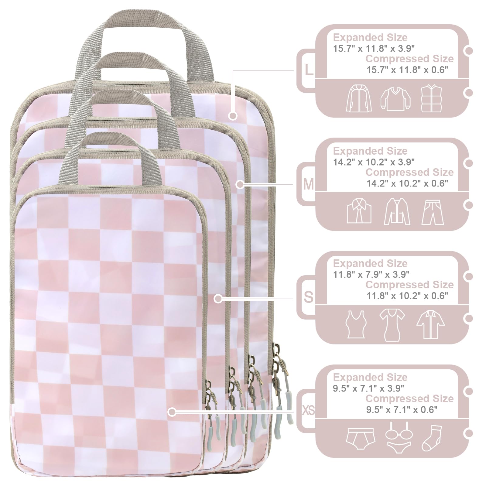 WOOMADA 4-Piece Compression Packing Cubes Set - Expandable Travel Organizer for Suitcases & Luggage (Pink Checkerboard) | Perfect for Business Trips, Vacations & Weekend Getaways