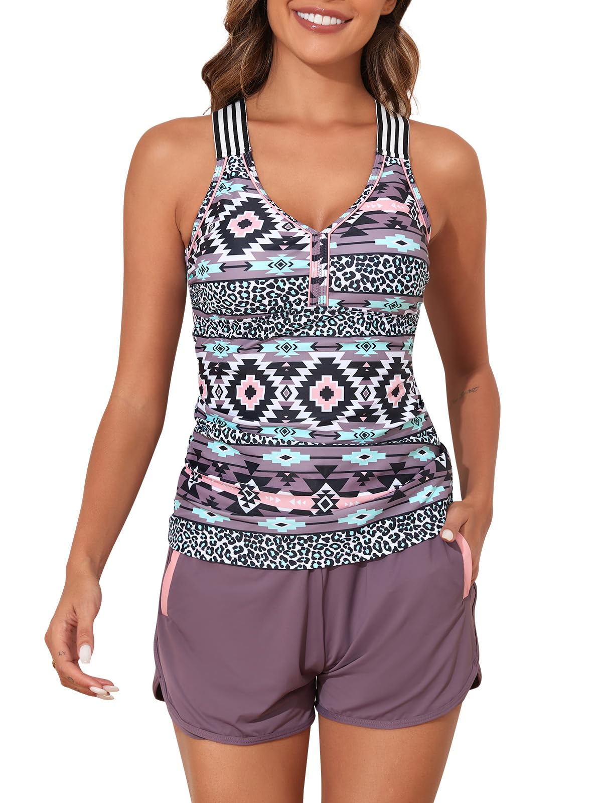 2025 Women's Modest Tankini Swimsuits Two-Piece Bathing Suits with Sporty Pockets & Tummy Control Boy Shorts | Summer Swimwear for Beach, Pool & Water Sports