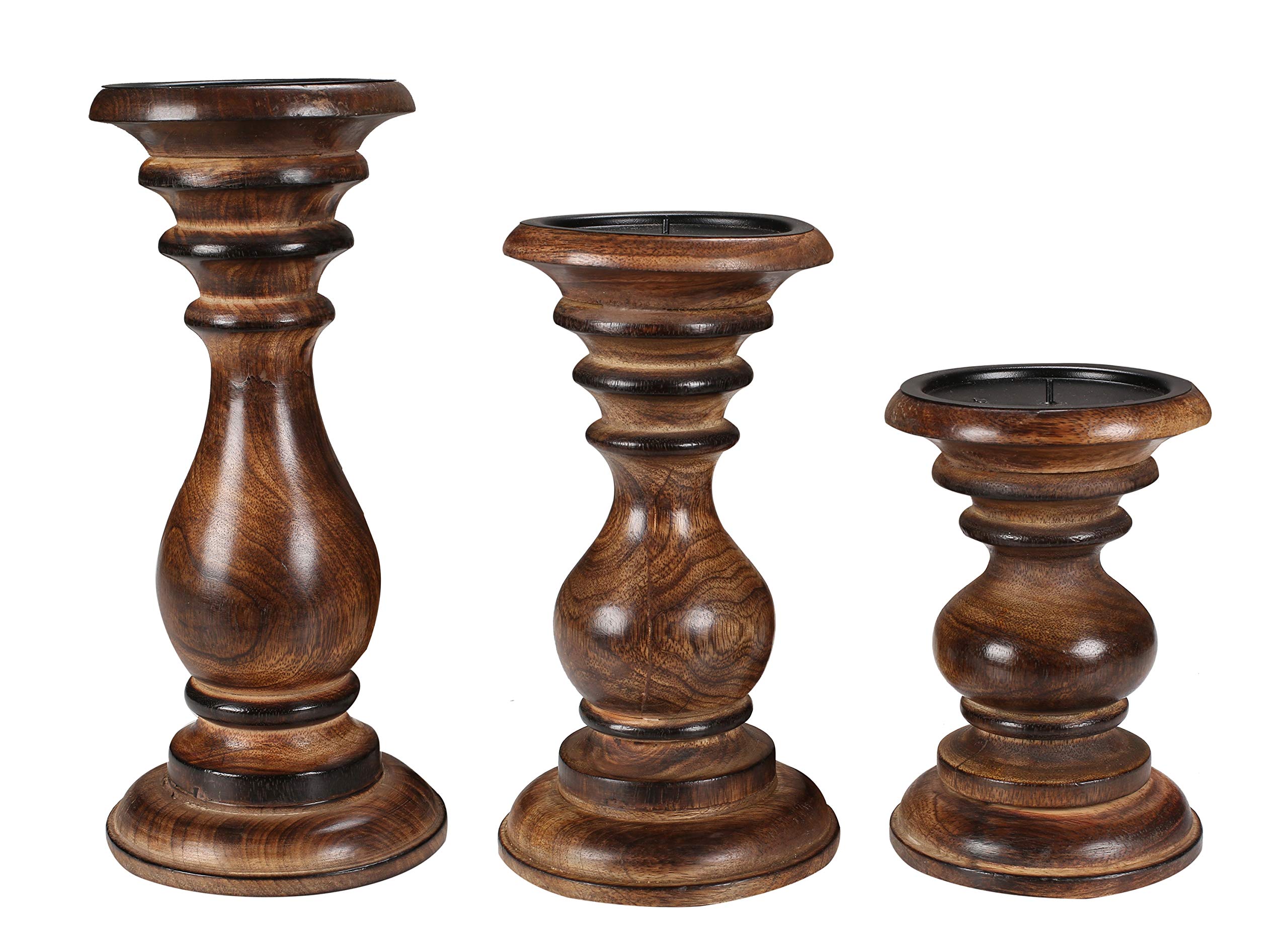 Handcrafted Wooden Town Candle Holder Set - Rustic Country Style Wood Candle Stand with Rounded Turned Columns (6, 8, 10 Inch) - Perfect for Weddings, Parties, Home Decor, Spa Relaxation & Farmhouse Style Gifts