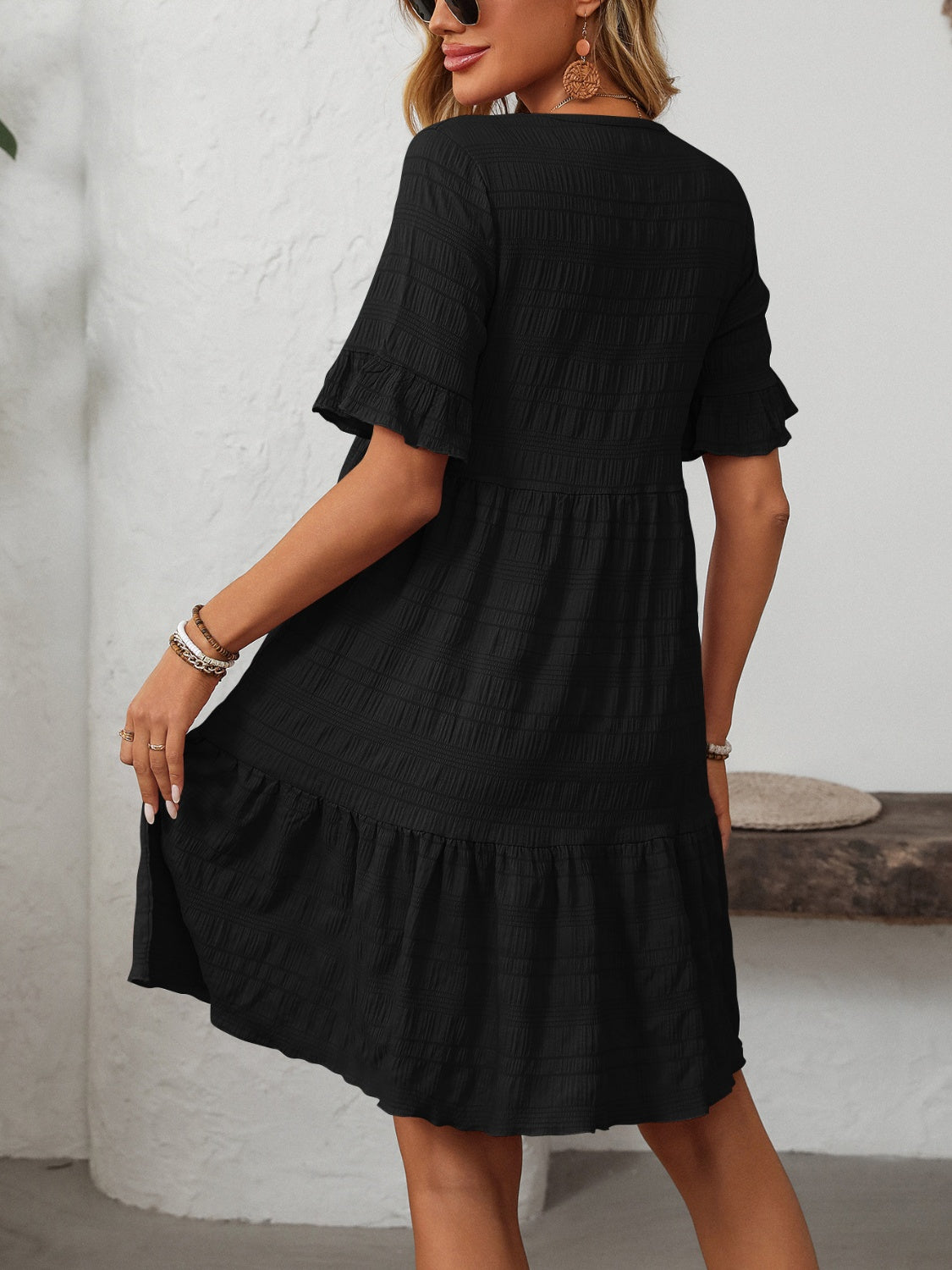 Mandy Women's Ruffled Ruched Round Neck Half Sleeve Casual Dress for Summer, Party, and Date Night