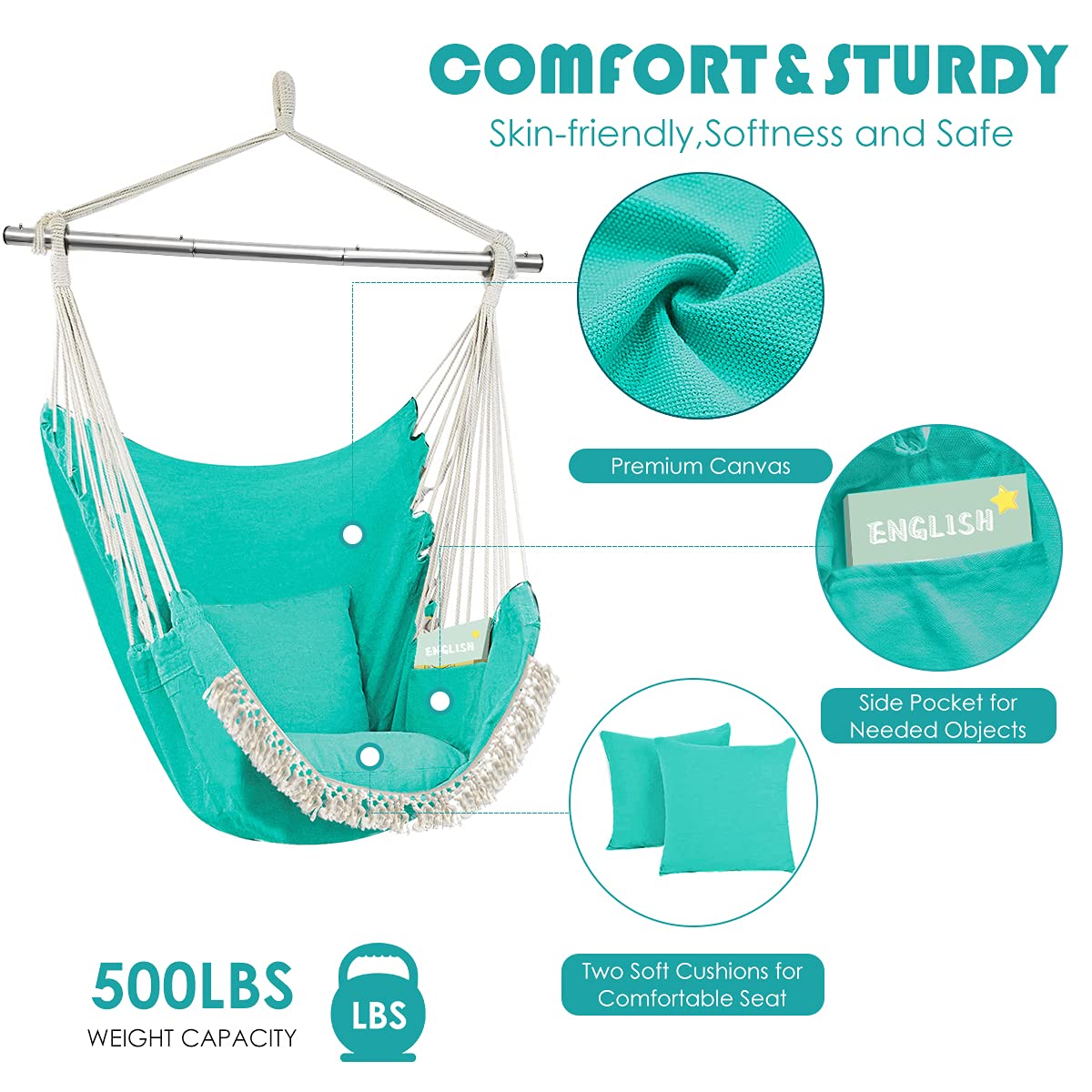 Premium Cotton Hammock Swing Chair with Pocket & Steel Support Bar - 500lbs Capacity - Indoor & Outdoor Hanging Chair with 2 Soft Cushions - Perfect for Patio, Garden, Balcony & Backyard Relaxation