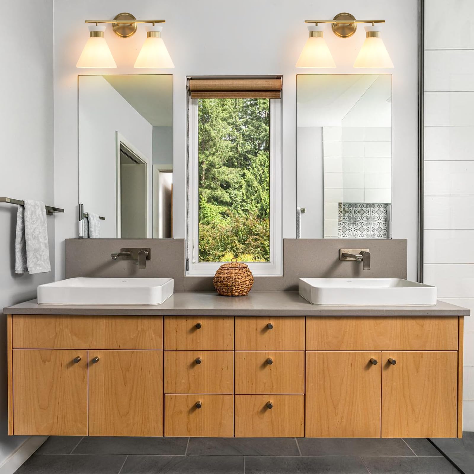 WOSHITU Mid Century Modern Bathroom Vanity Light Fixtures - 2 Light Brass Gold Wall Sconce with Frosted Milky Glass for Mirror Lighting | Perfect for Bathroom, Bedroom & Hallway Décor