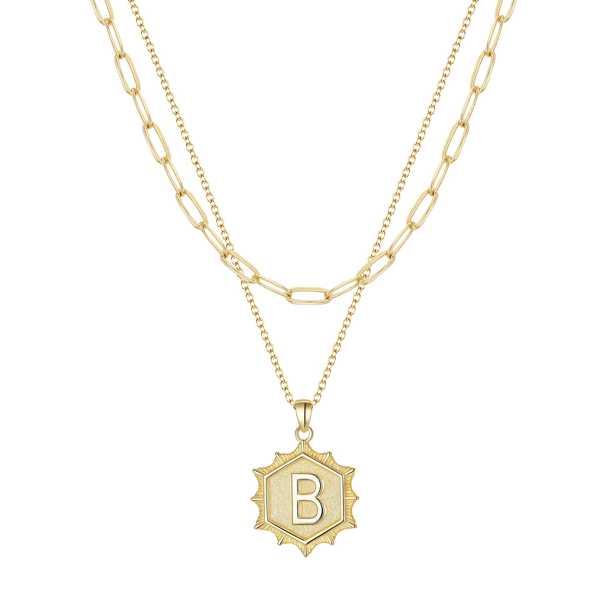 EVER FAITH Layered Initial Pendant Choker Necklace for Women - Simple Cute Hexagon Letter Paperclip Chain Jewelry Gift for Her | Birthday, Anniversary, Valentine's Day Present