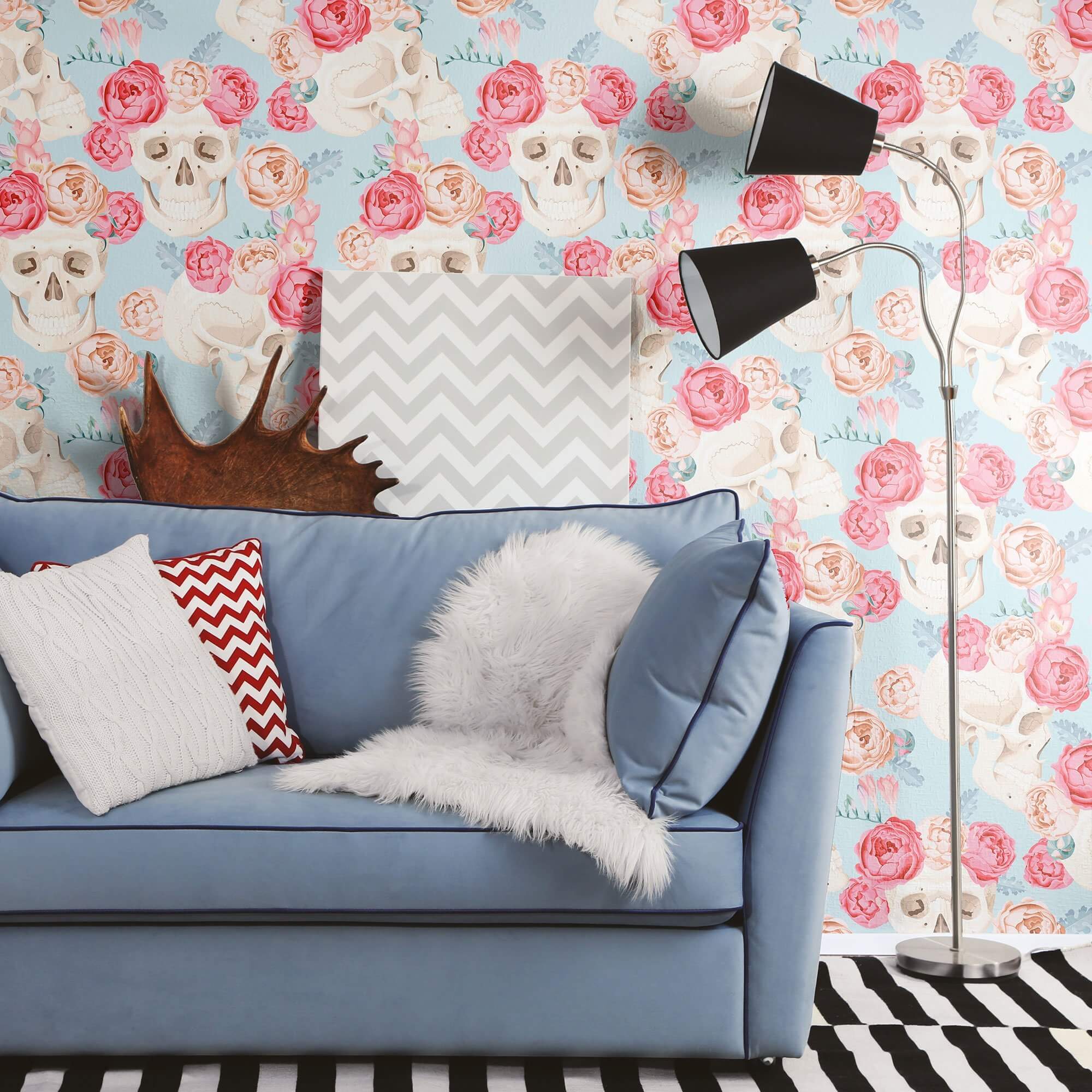 Blue and Red Skulls Themed Peel and Stick Removable Wallpaper 7608 - Self-Adhesive Decorative Wall Covering for Bedroom, Living Room, and Office Decor
