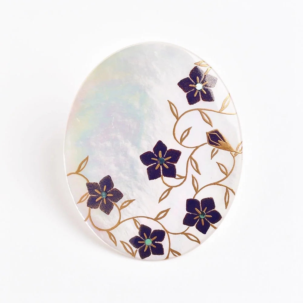 Exquisite Maki-e Urushi Lacquer Brooch with White South Sea Pearl & Bellflower Design | Traditional Japanese Lacquer Jewelry | Perfect for Formal Occasions, Weddings & Cultural Events