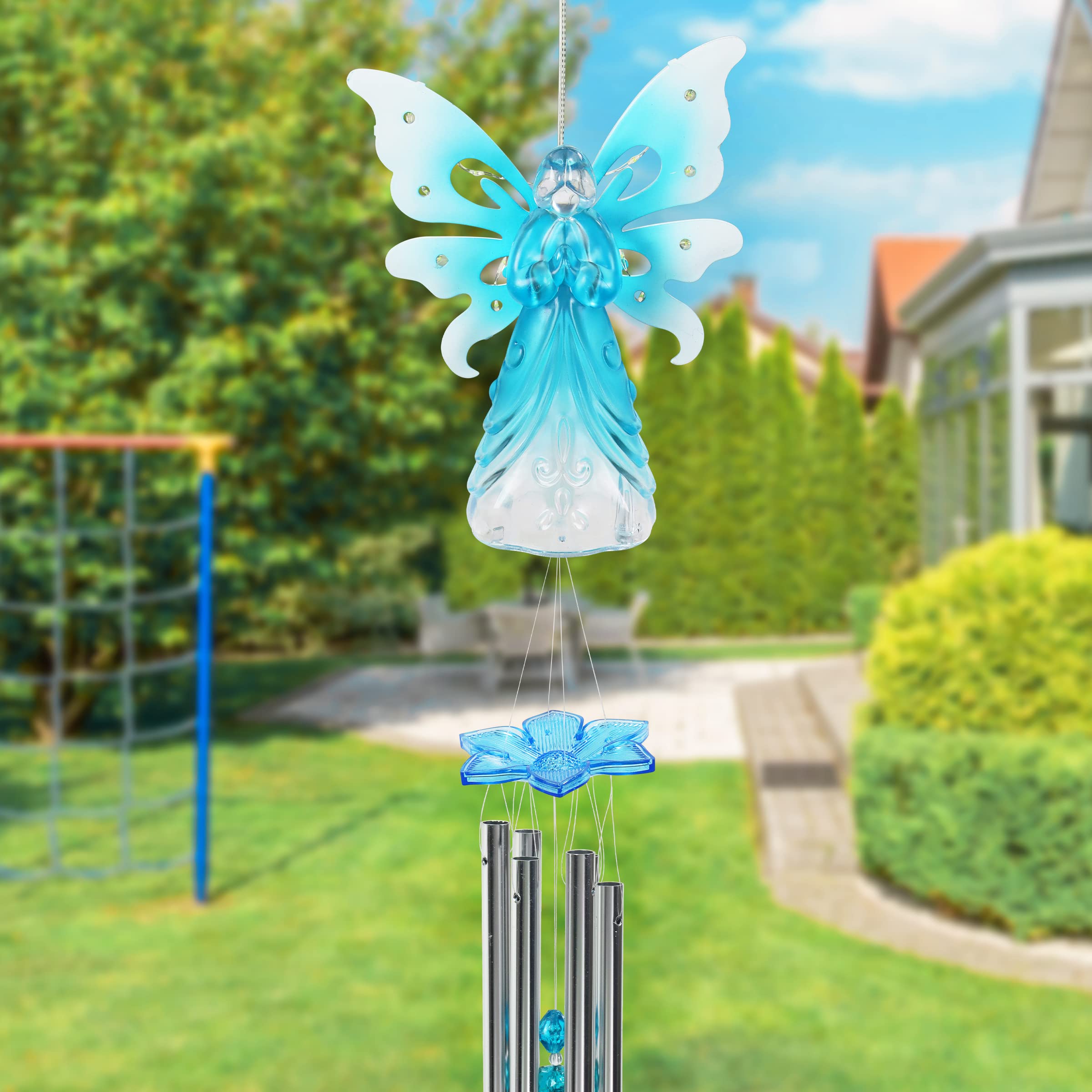 Exhart Solar-Powered Angel Wind Chime with LED Firefly Lights - Blue Acrylic Metal Wings for Outdoor Lawn & Yard Decoration (6.5 x 4 x 42 Inch) - Perfect for Garden, Patio, Porch & Backyard Ambiance