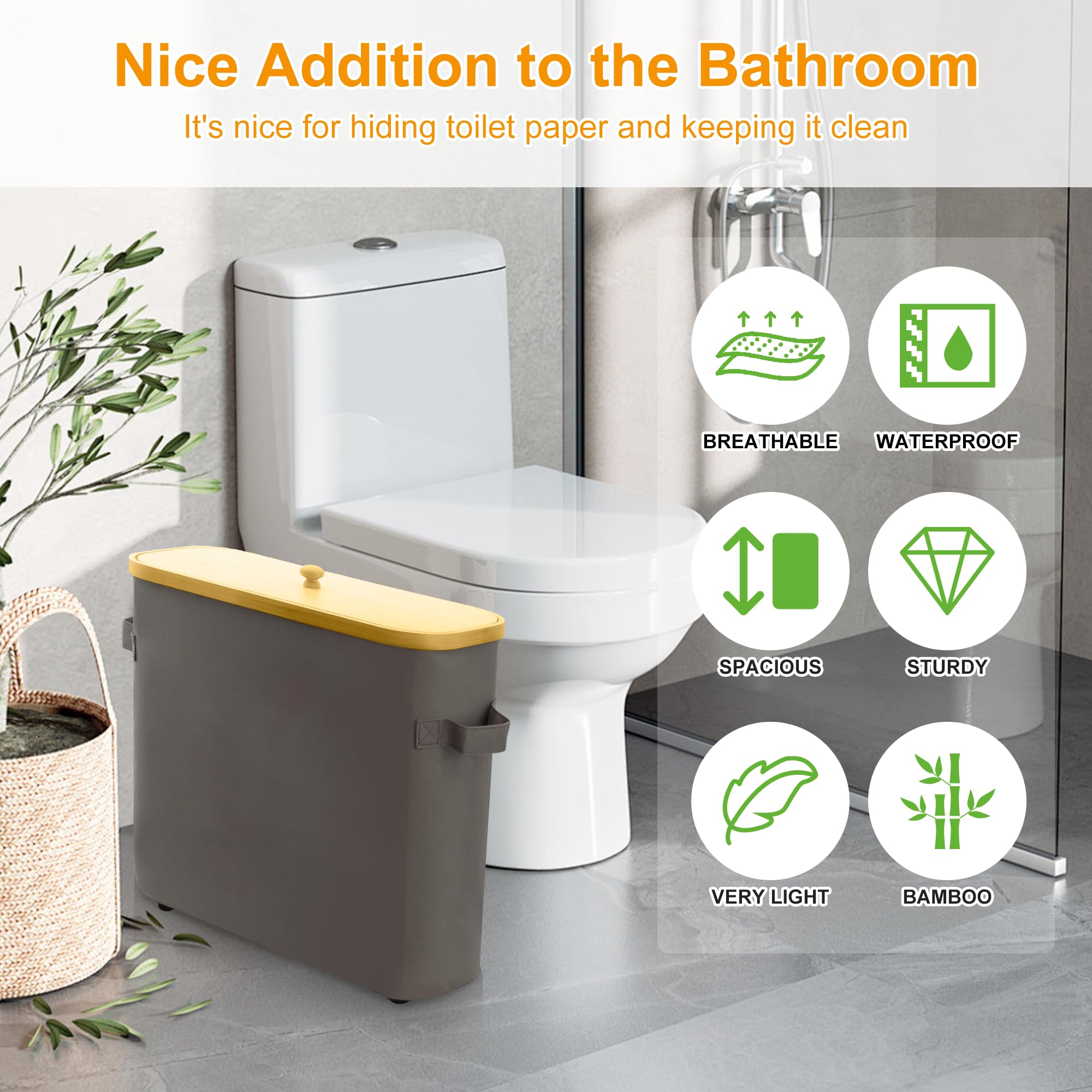 MinBoo Bamboo Toilet Paper Storage Basket with Lid - Bathroom Tissue Holder Organizer with Handle, Gray - Perfect for Bathroom, Toilet, Vanity & Home Decor Storage
