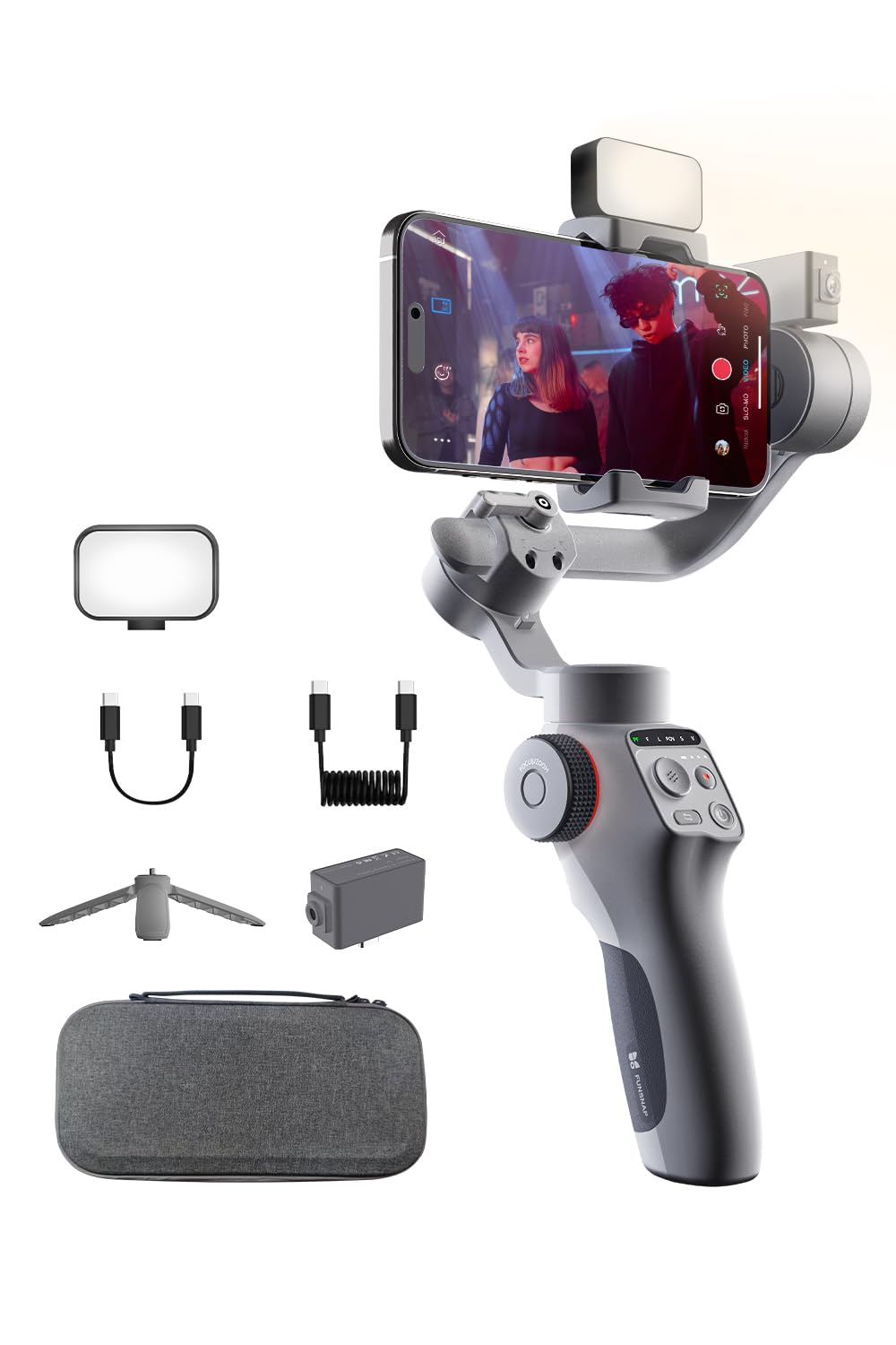 FUNSNAP C05 3-Axis Smartphone Gimbal Stabilizer with Magnetic Fill Light & AI Tracking - Compatible with iPhone 15/14 Pro Max & Android Phones - Perfect for Vlogging, Live Streaming & Smooth Video Recording