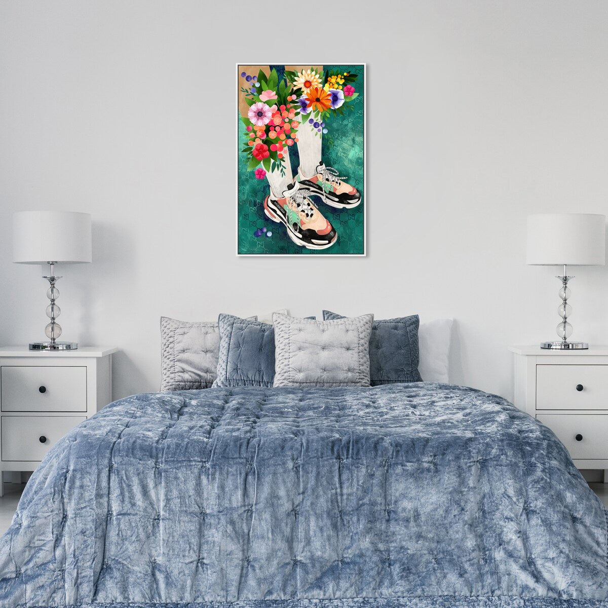 Stylish Floral Sneakers & Socks Set with Modern Green Canvas Wall Art - Perfect for Bedroom Decor and Casual Outfits