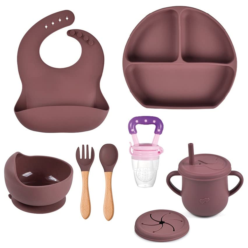 Silicone Baby Feeding Set - Food Feeder Pacifiers & Toddler Utensils for Baby Led Weaning | Transition Sippy Cups, Suction Plates & Bibs for Infants (Purple) - Perfect for Mess-Free Mealtime & Self-Feeding Practice