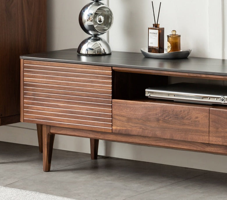 Black Walnut Solid Wood TV Stand with Slate Top - Rustic Modern Entertainment Center for Living Room, Bedroom & Home Theater