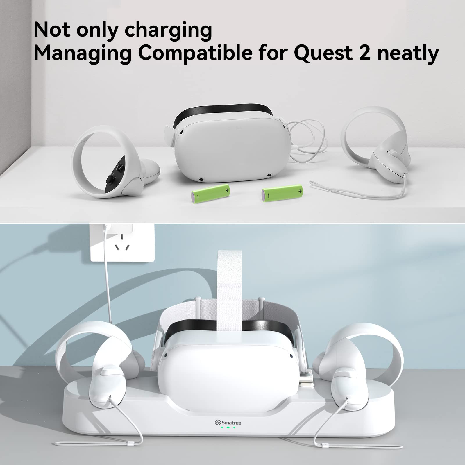 Smatree VR Charging Station for Oculus Quest 2 - Elite Strap with Battery Compatible, Includes 2 Rechargeable Batteries, Headset & Controller Stand, 20W PD Charger - Perfect for Gaming Setup & VR Accessories Organization